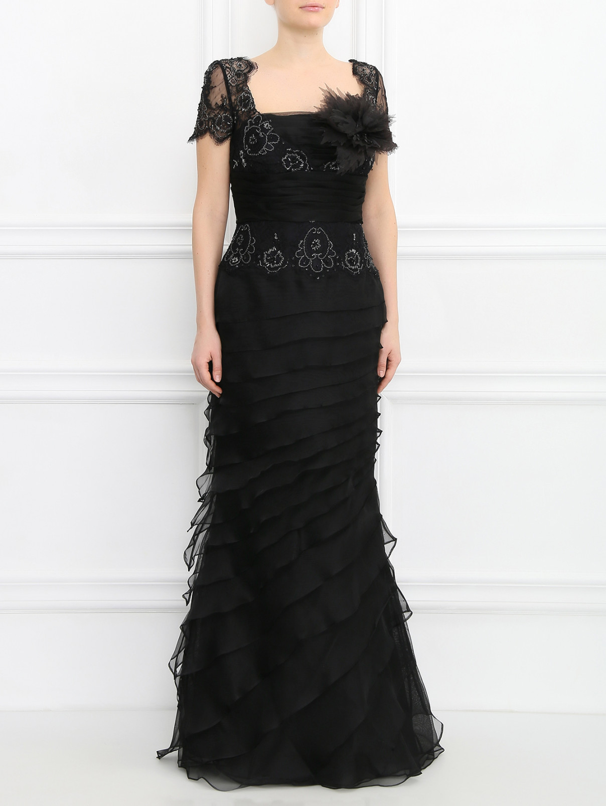 Платье-макси декорированное кружевом и вышивкой Rosa Clara  –  Модель Верх-Низ  – Цвет:  Черный