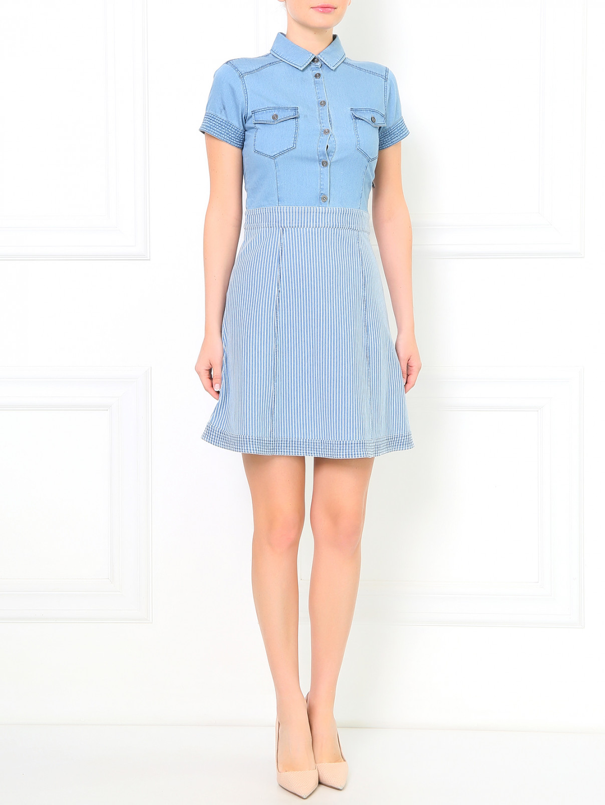 Платье из хлопка с узором "плоска" с накладными карманами Max&Co  –  Модель Общий вид  – Цвет:  Синий
