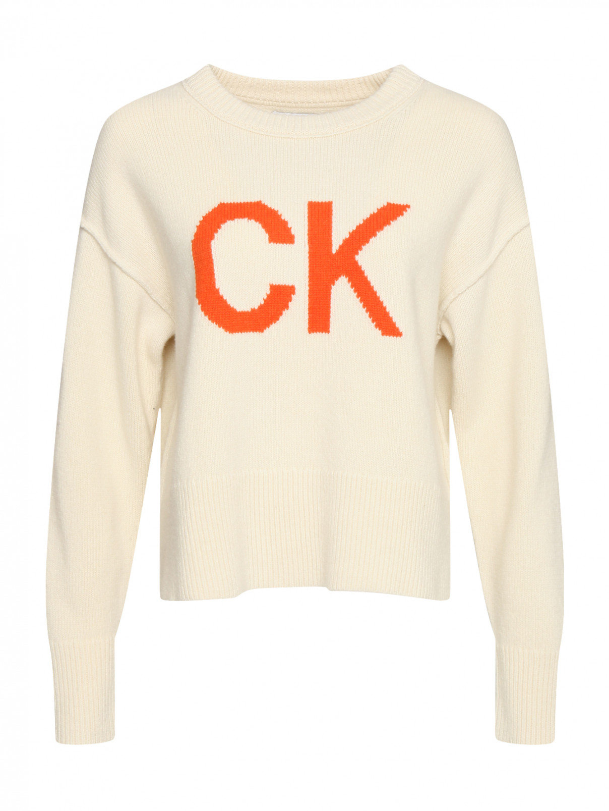 Шерстяной джемпер с логотипом Calvin Klein  –  Общий вид  – Цвет:  Бежевый