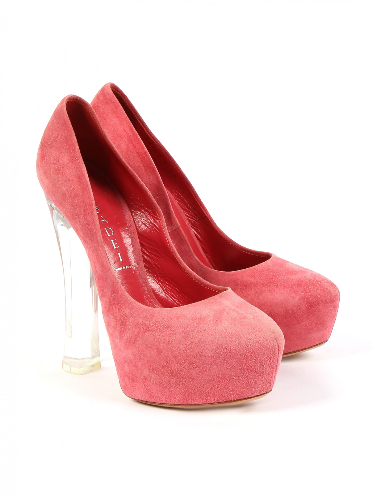 Туфли из замши на высоком прозрачном каблуке Casadei  –  Общий вид  – Цвет:  Розовый