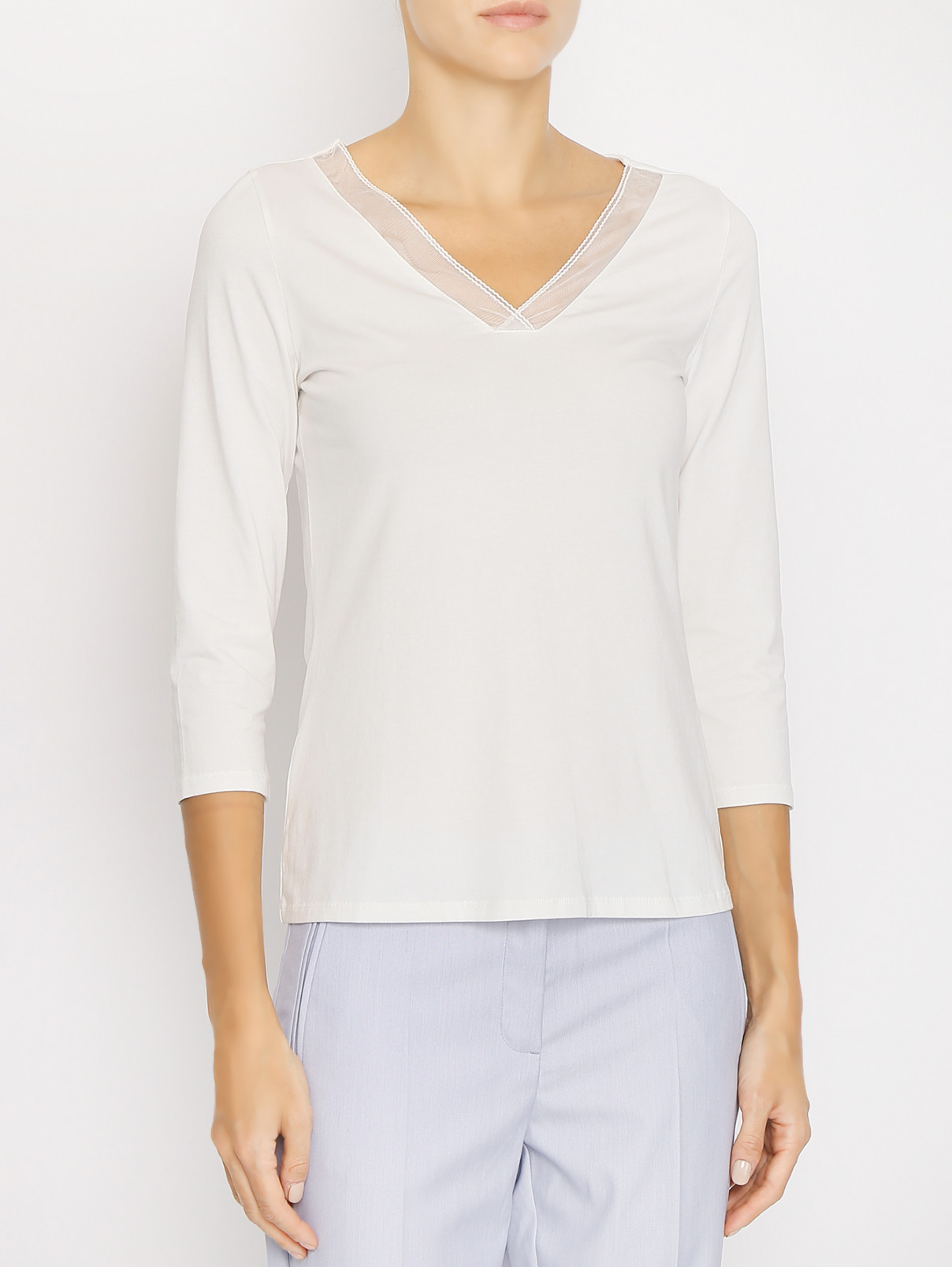 Блуза из смесового хлопка с V-образным вырезом Comma  –  МодельВерхНиз  – Цвет:  Белый