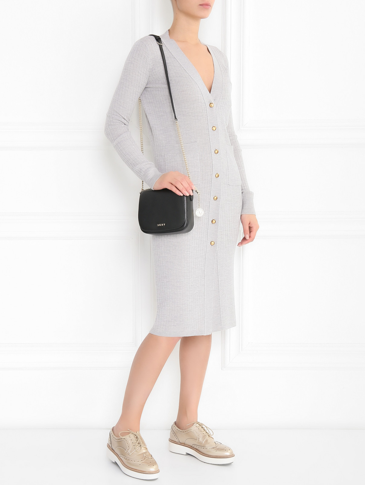 Платье-миди из шерсти фактурной вязки Mo&Co  –  Модель Общий вид  – Цвет:  Серый
