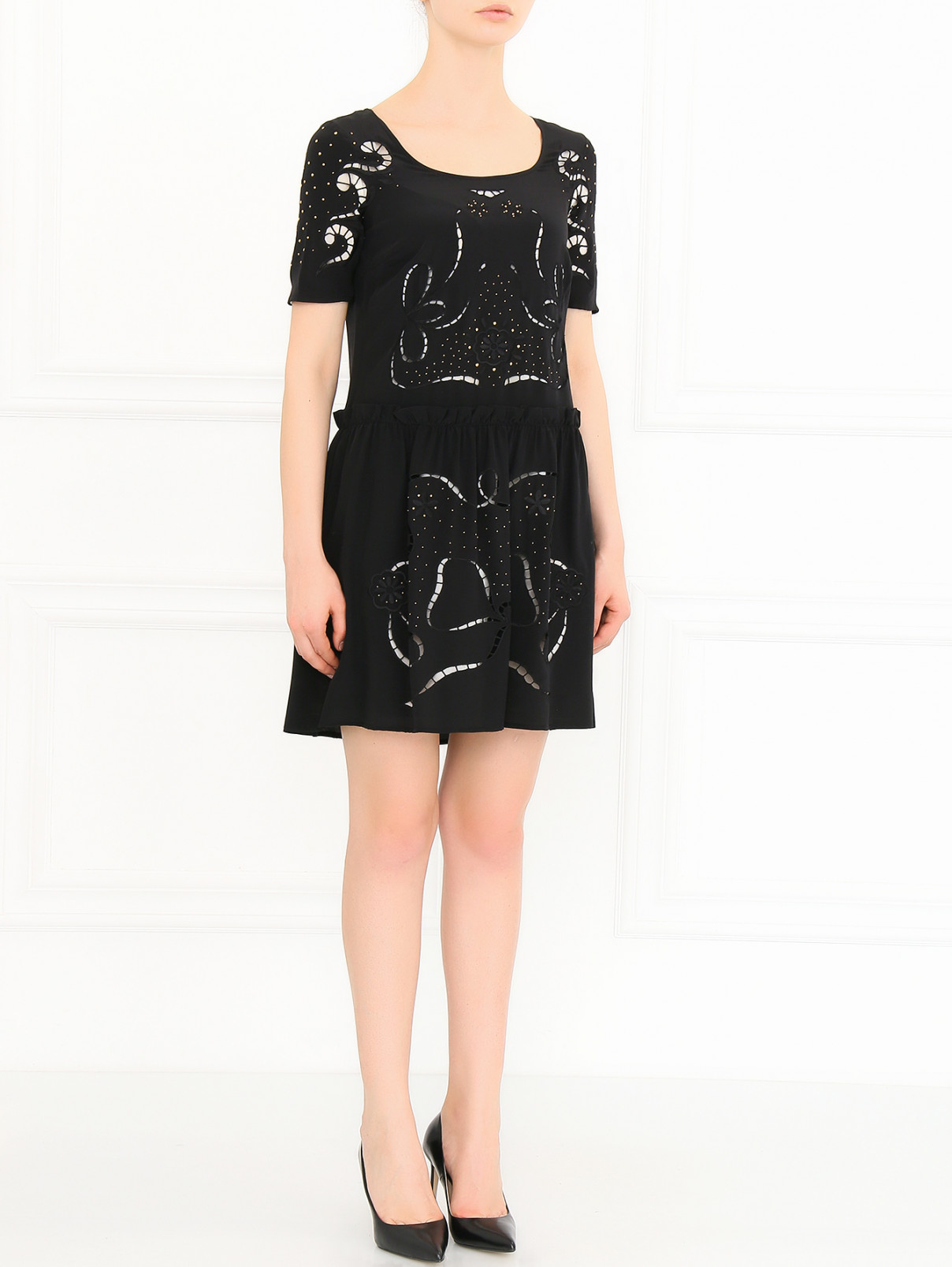 Платье из шелка с декоративной вышивкой и боковыми карманами Love Moschino  –  Модель Общий вид  – Цвет:  Черный