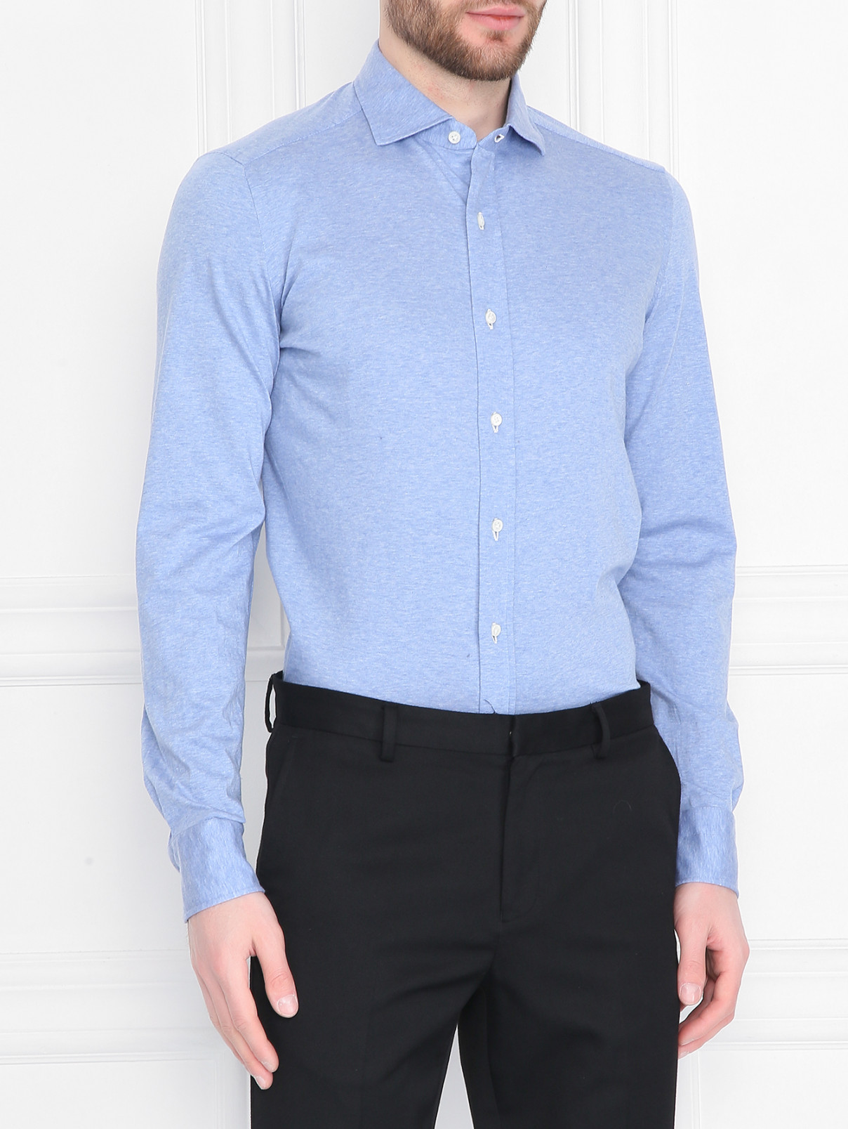 Рубашка из хлопка однотонная Borrelli  –  МодельВерхНиз  – Цвет:  Синий