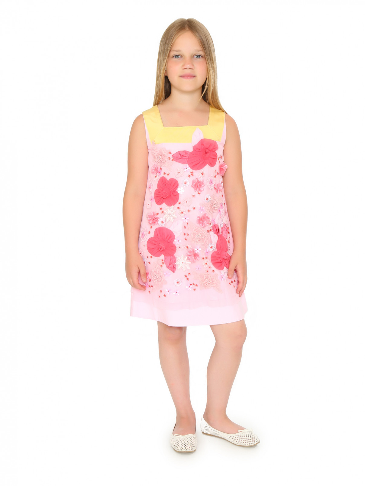 Платье А-силуэта из хлопка с декором MiMiSol  –  Модель Общий вид  – Цвет:  Розовый