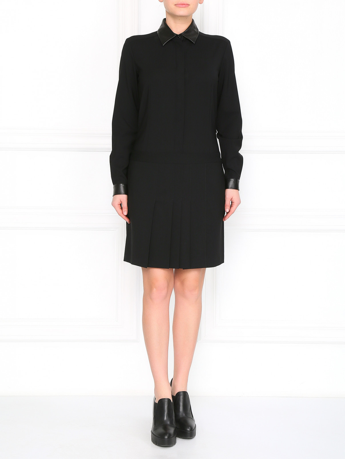Платье с кожаным воротником Barbara Bui  –  Модель Общий вид  – Цвет:  Черный
