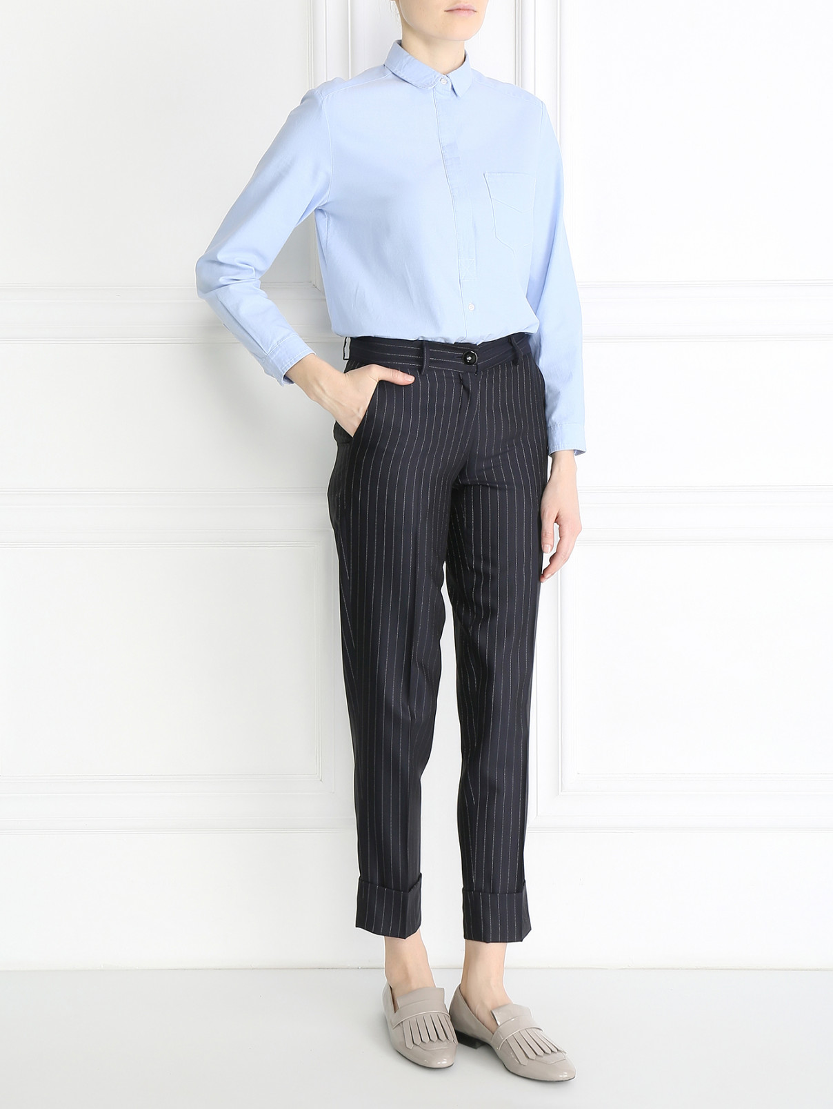 Укороченные брюки из шерсти с узором "полоска" Ma' ry' ya  –  Модель Общий вид  – Цвет:  Синий