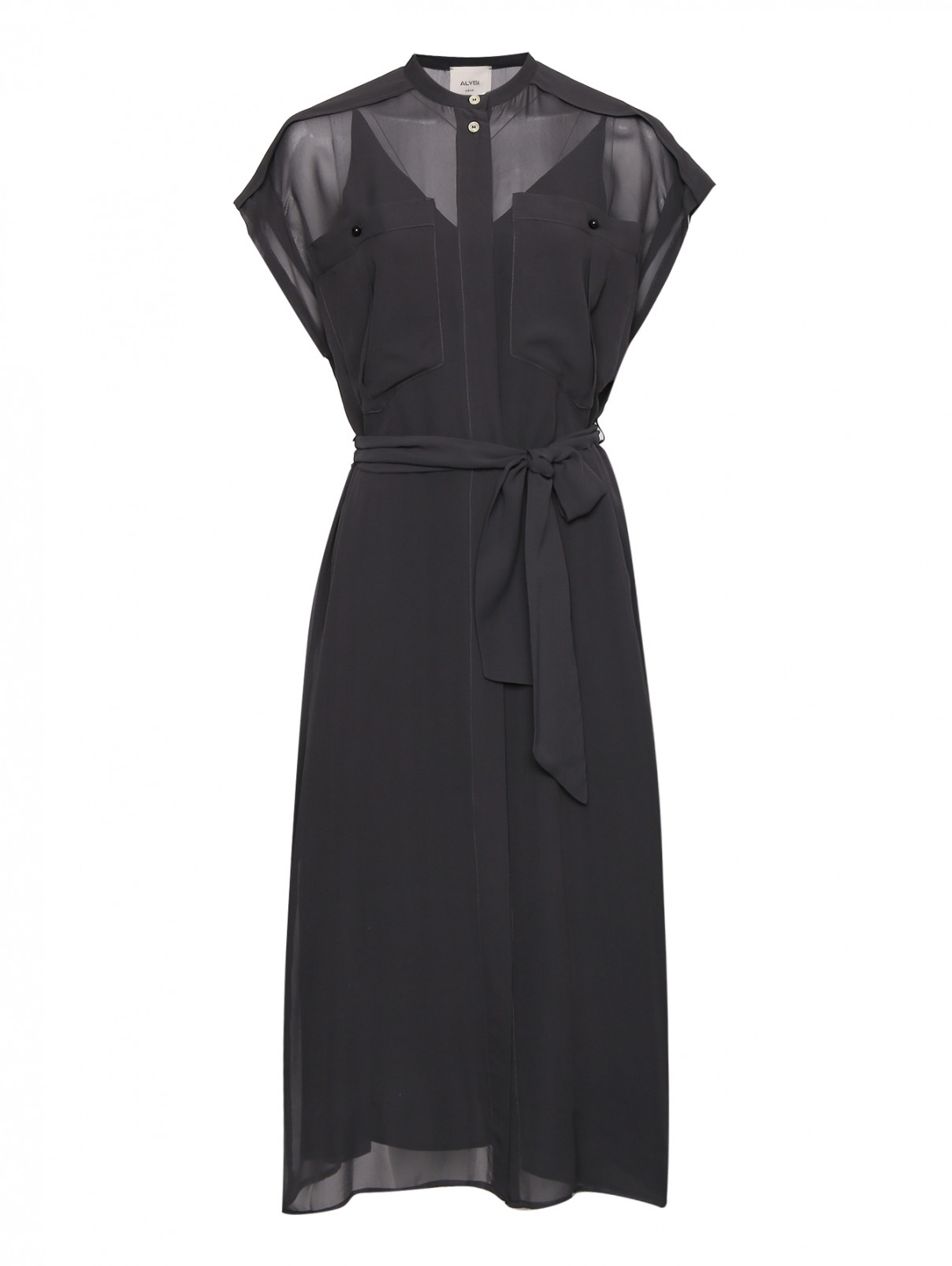 Платье-миди из шелка с поясом Alysi  –  Общий вид  – Цвет:  Серый