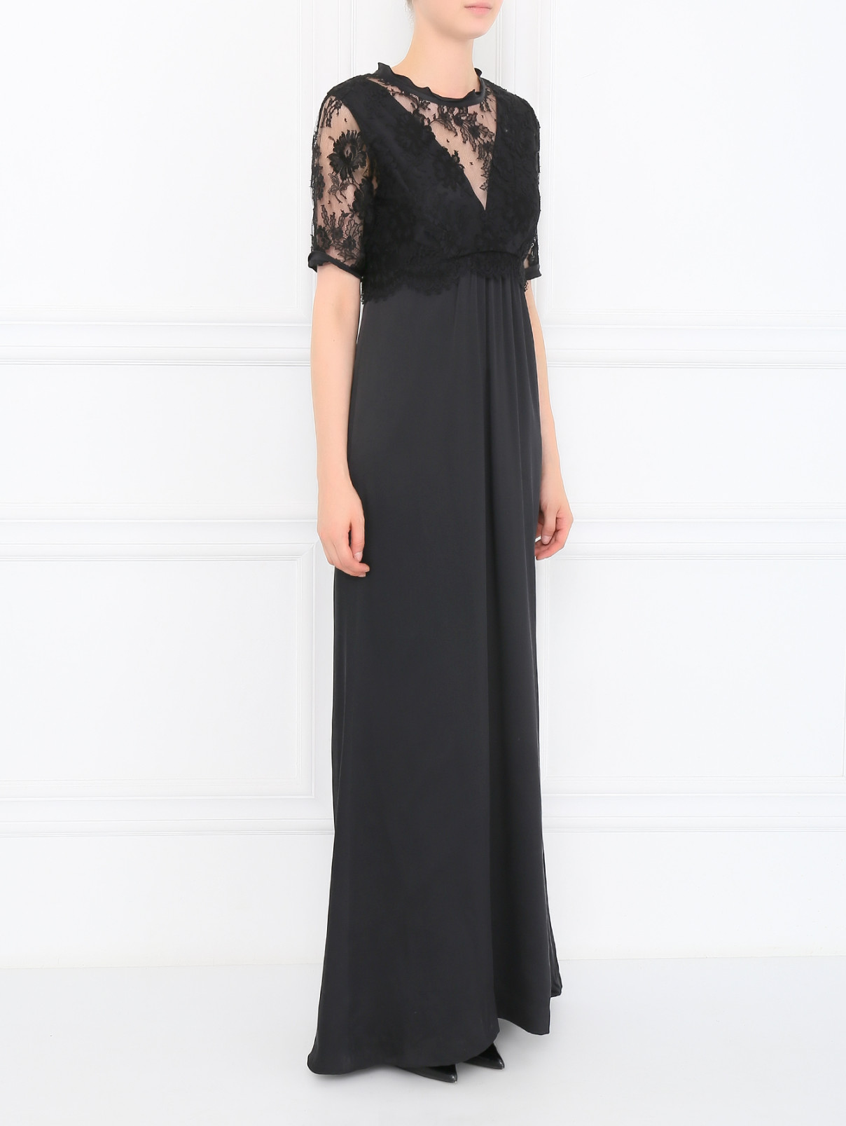 Платье -макси из шелка с кружевными вставками Moschino  –  Модель Общий вид  – Цвет:  Черный