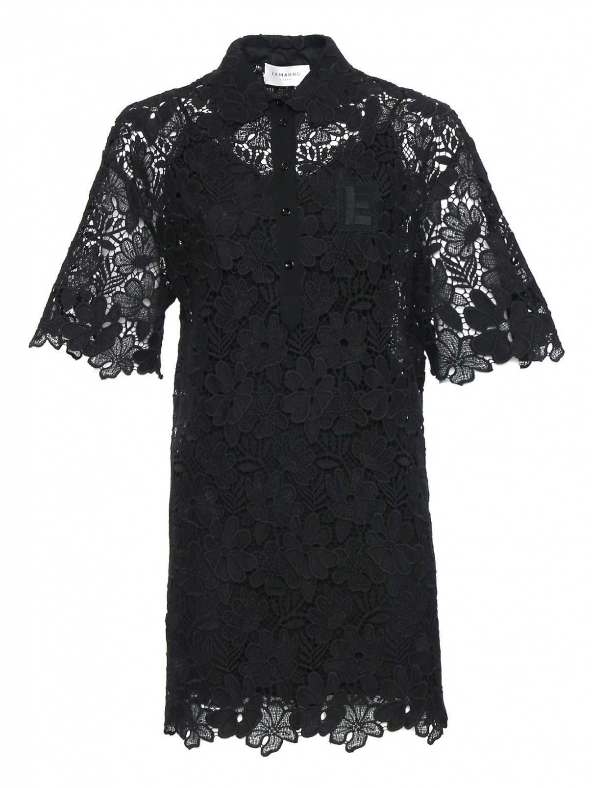 Платье-мини из хлопка с кружевом Ermanno Firenze  –  Общий вид  – Цвет:  Черный