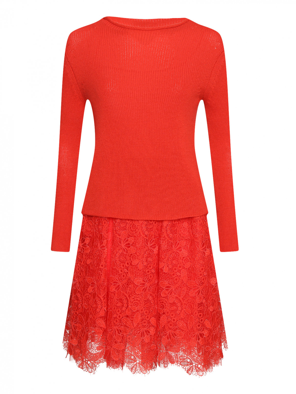 Комбинированное платье из кашемира  ,шелка и кружева Ermanno Scervino  –  Общий вид  – Цвет:  Красный