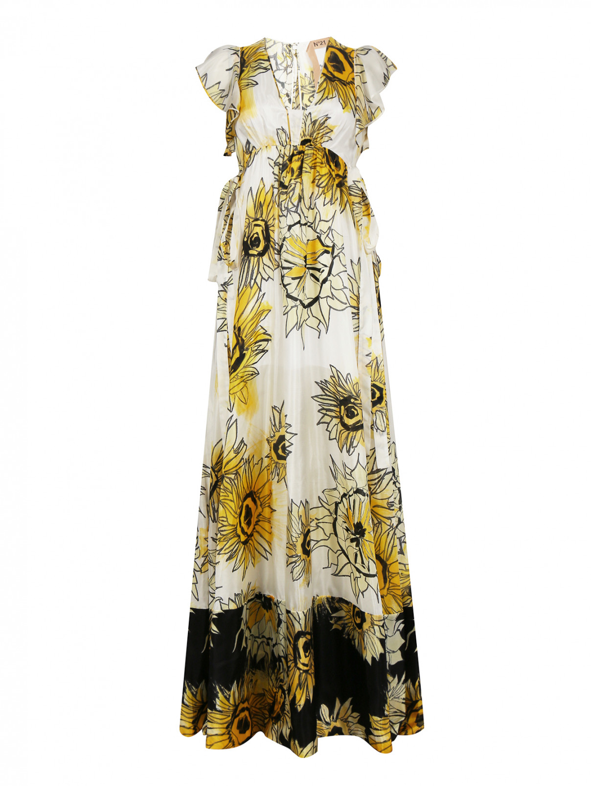 Платье-макси из шелка с цветочным узором N21  –  Общий вид  – Цвет:  Белый