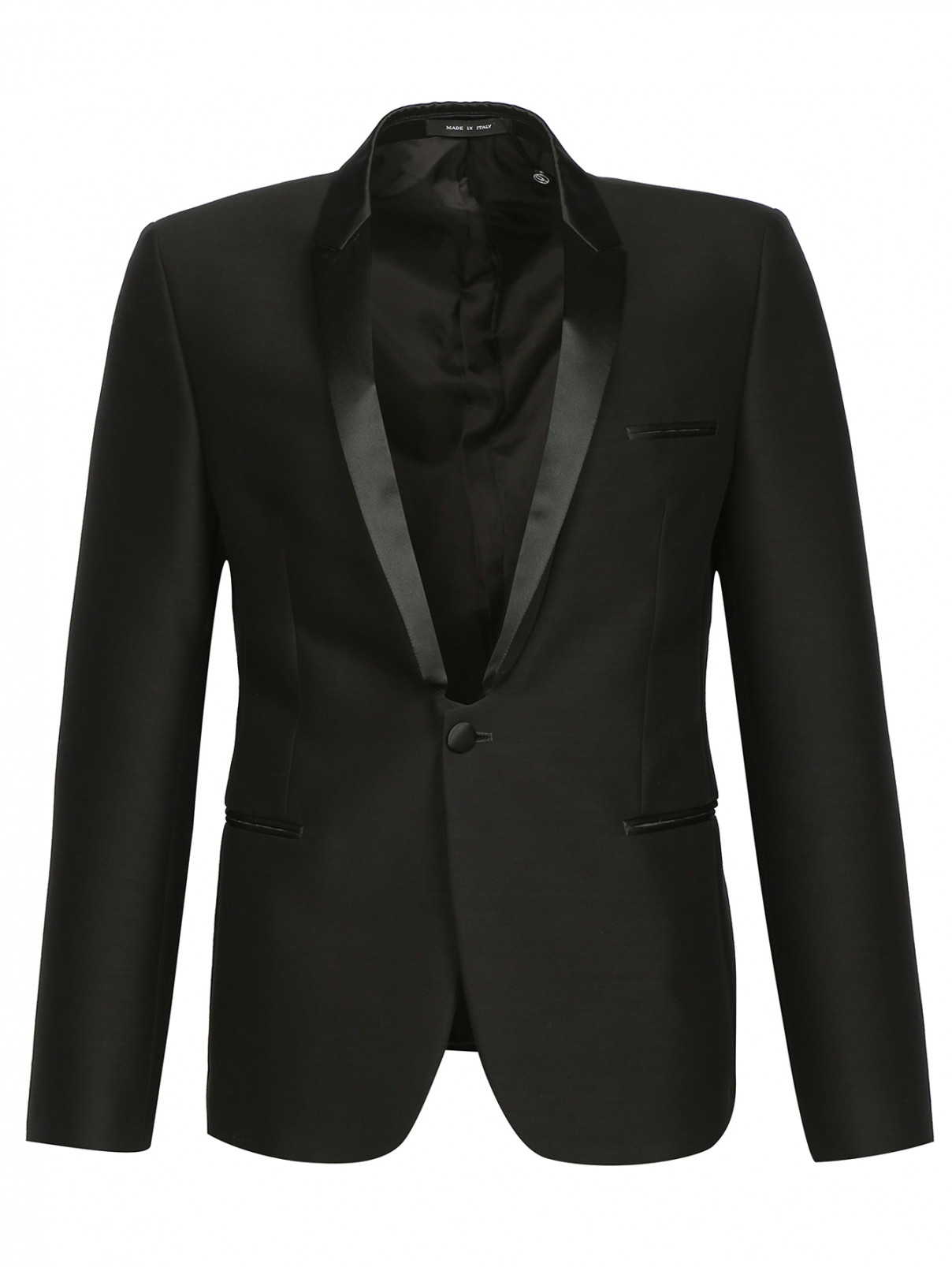 Однобортный пиджак из смешанной шерсти с атласными вставками Emporio Armani  –  Общий вид  – Цвет:  Черный