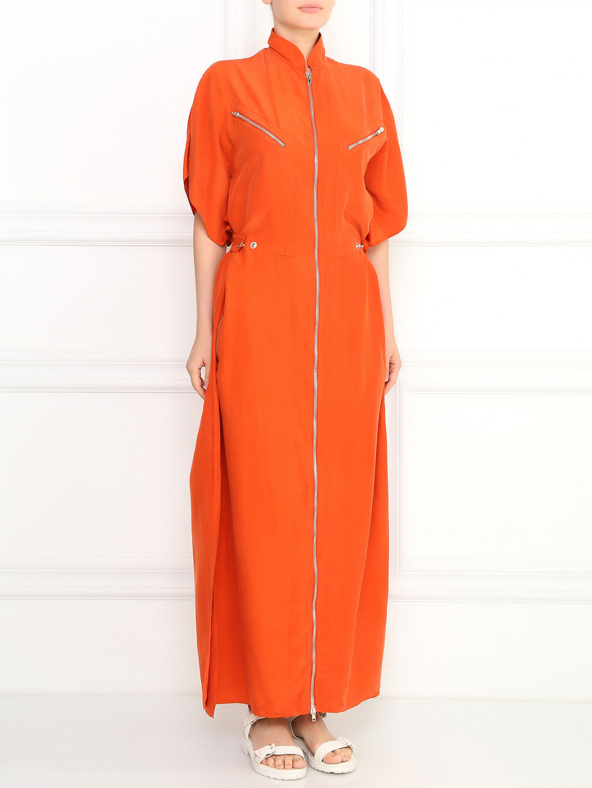 Платье-макси из шелка декорированное молниями с рукавом "летучая мышь" Jean Paul Gaultier  –  Модель Общий вид  – Цвет:  Оранжевый
