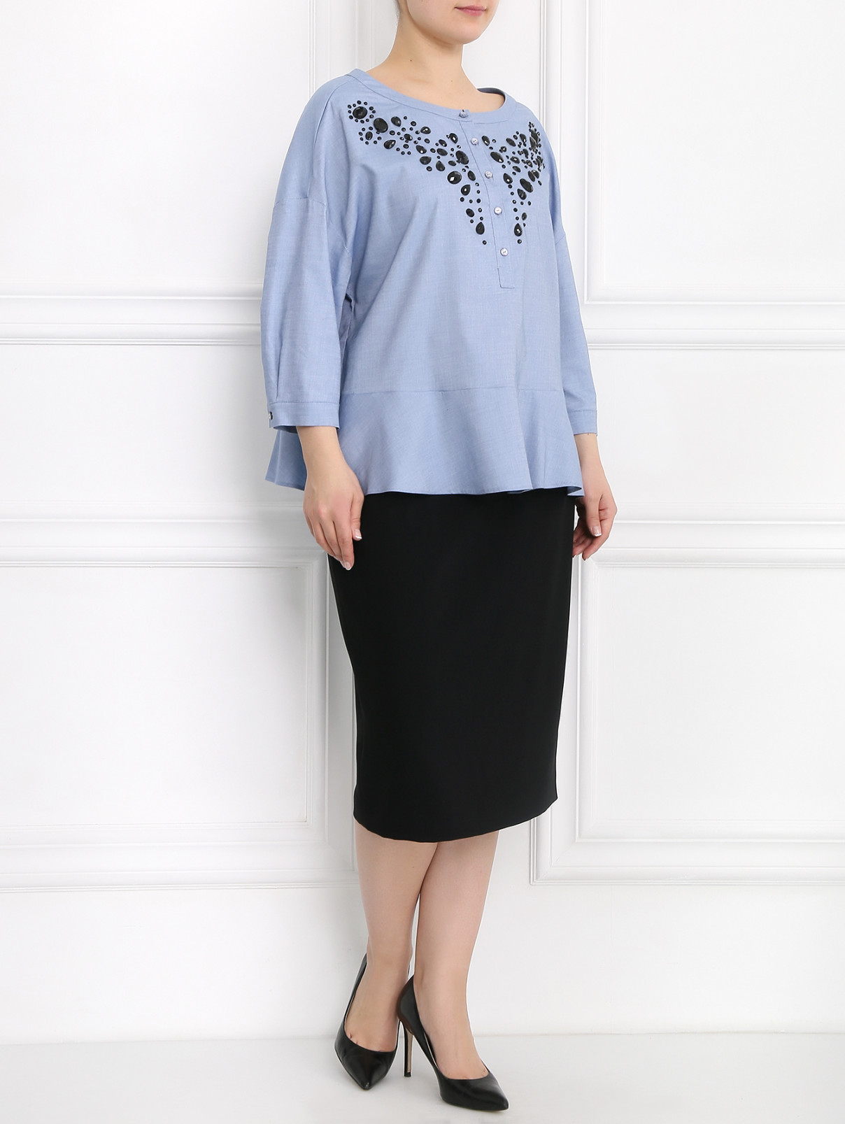 Блуза из хлопка декорированная камнями Marina Rinaldi  –  Модель Общий вид  – Цвет:  Синий