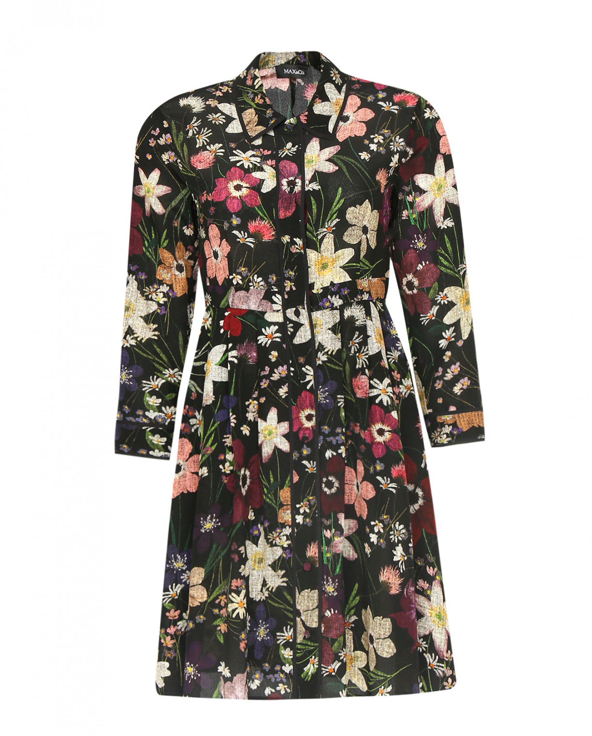 Платье из шелка с цветочным узором Max&Co  –  Общий вид  – Цвет:  Черный