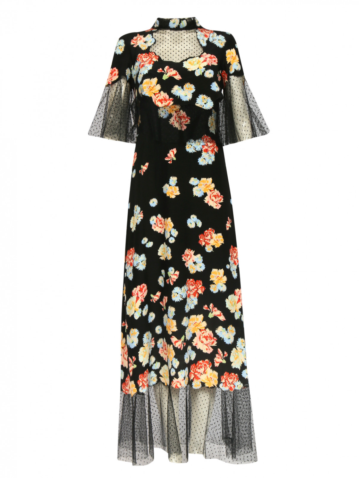 Платье-макси из шелка с узором и отделкой из кружева Vilshenko  –  Общий вид  – Цвет:  Черный