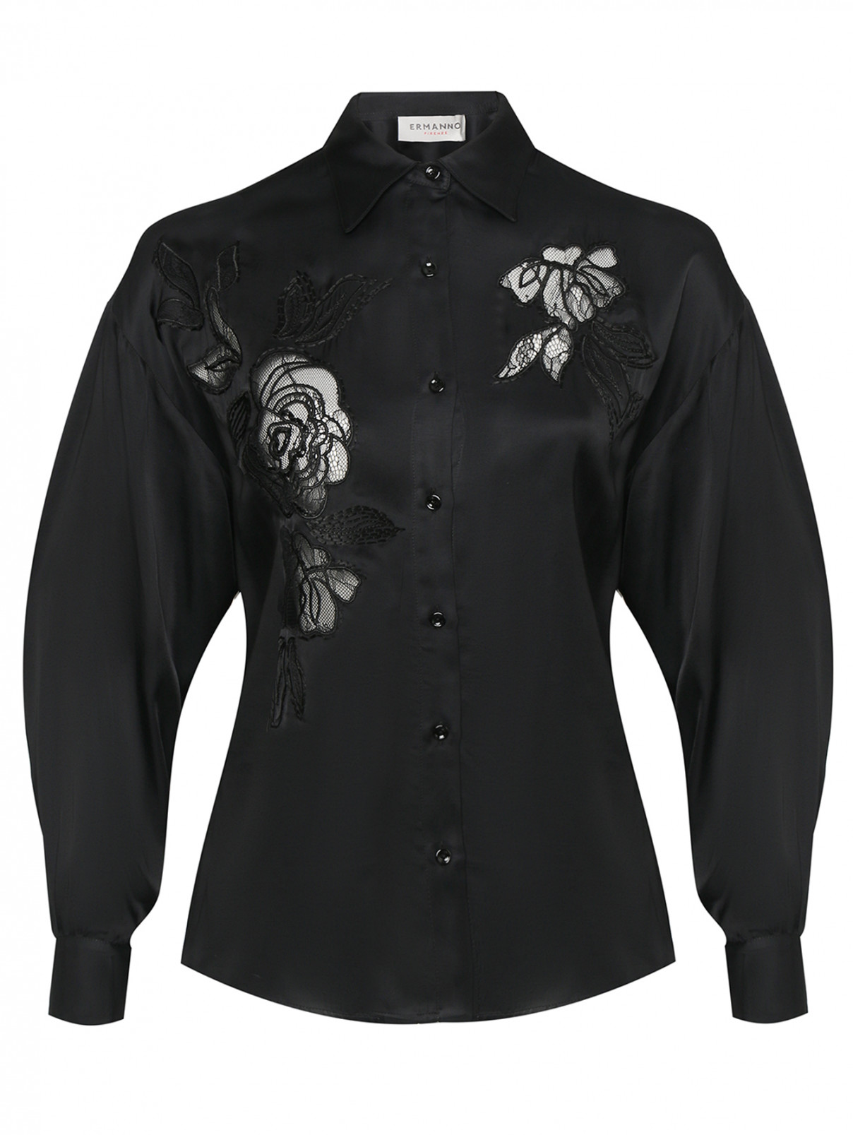 Блуза с ажурными вставками из вискозы Ermanno Firenze  –  Общий вид  – Цвет:  Черный