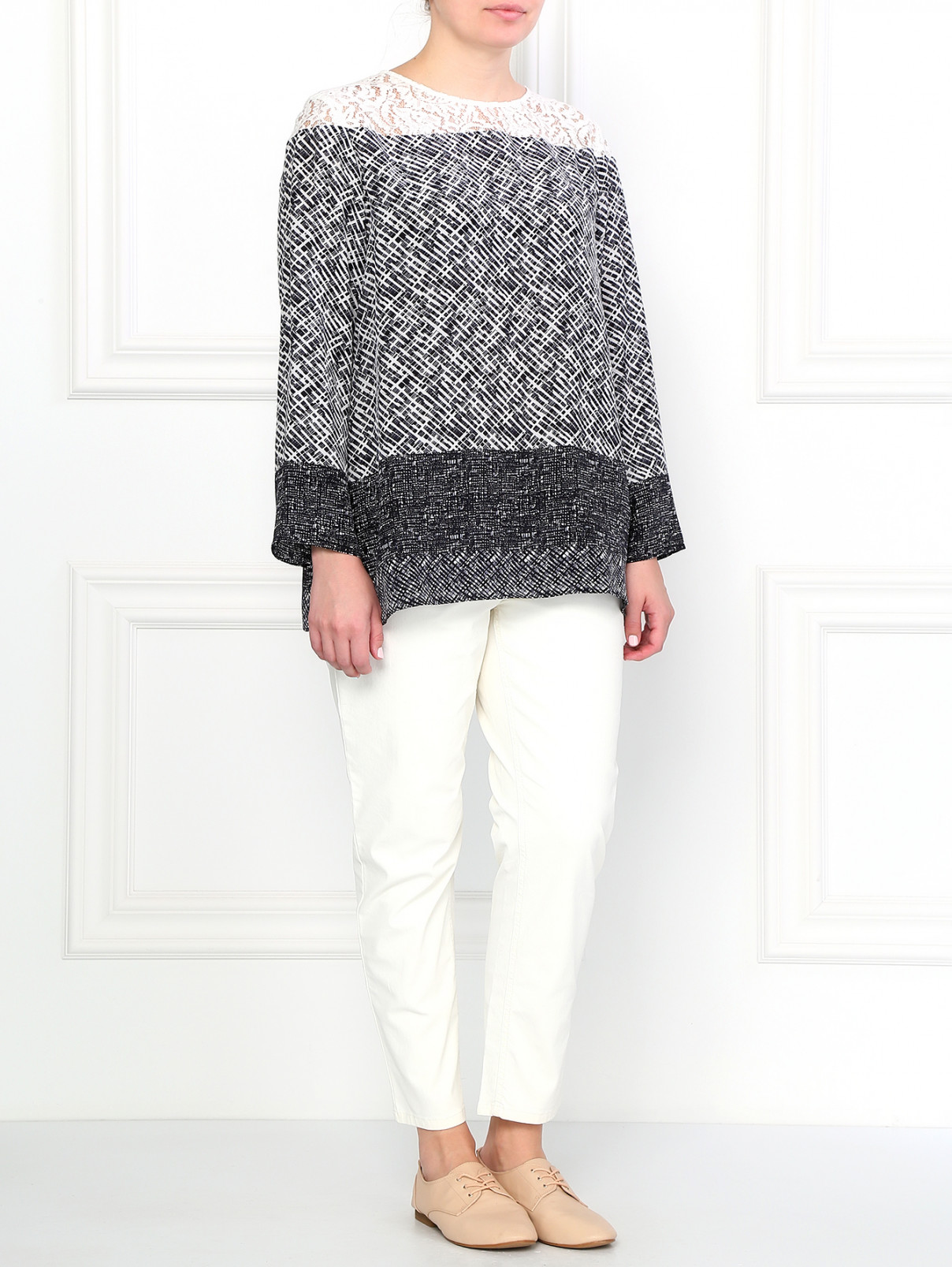 Шелковая блуза с кружевной вставкой Marina Rinaldi  –  Модель Общий вид  – Цвет:  Узор