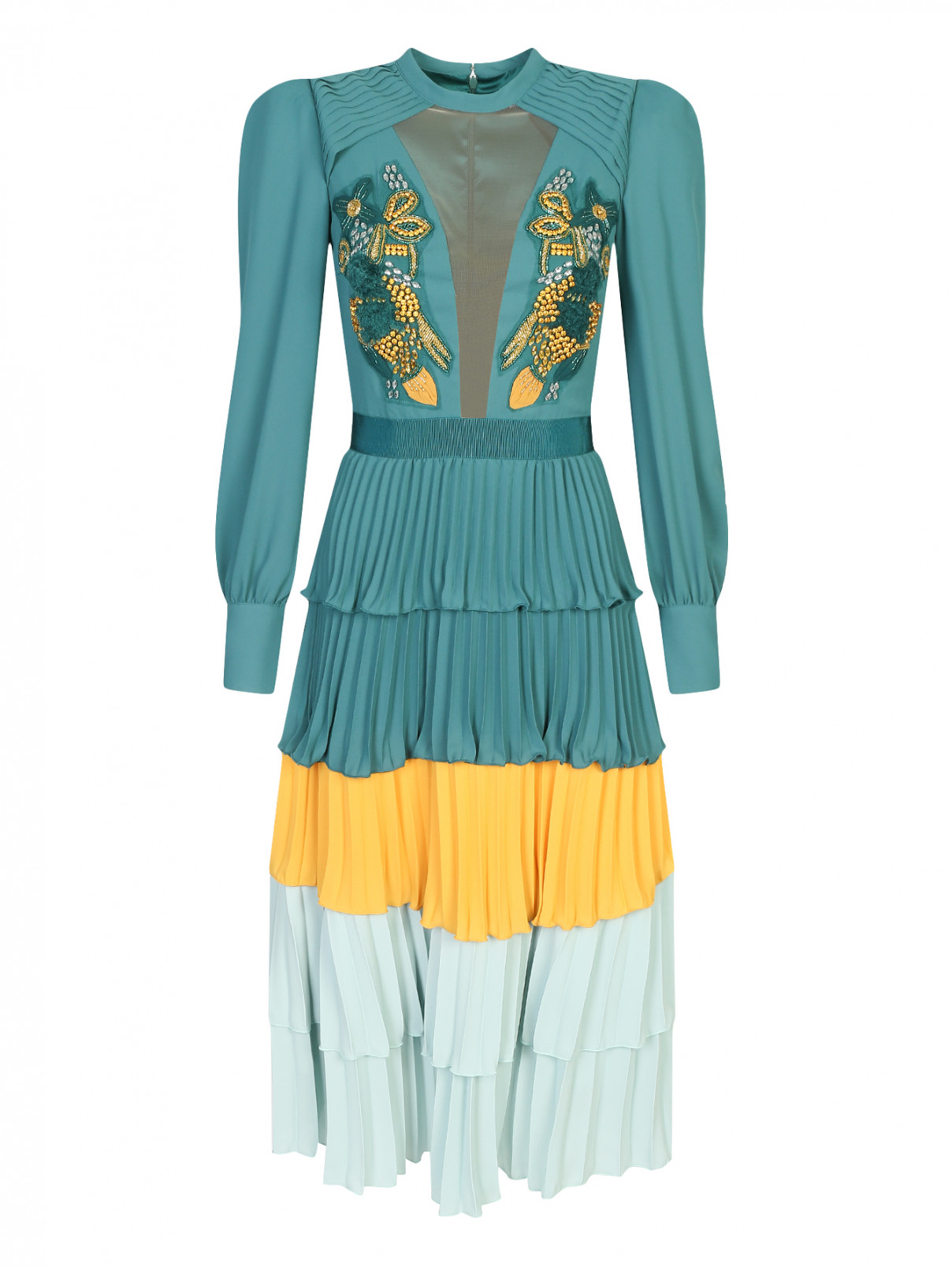 Платье декорированное кристаллами и плиссированной юбкой Elisabetta Franchi  –  Общий вид  – Цвет:  Зеленый