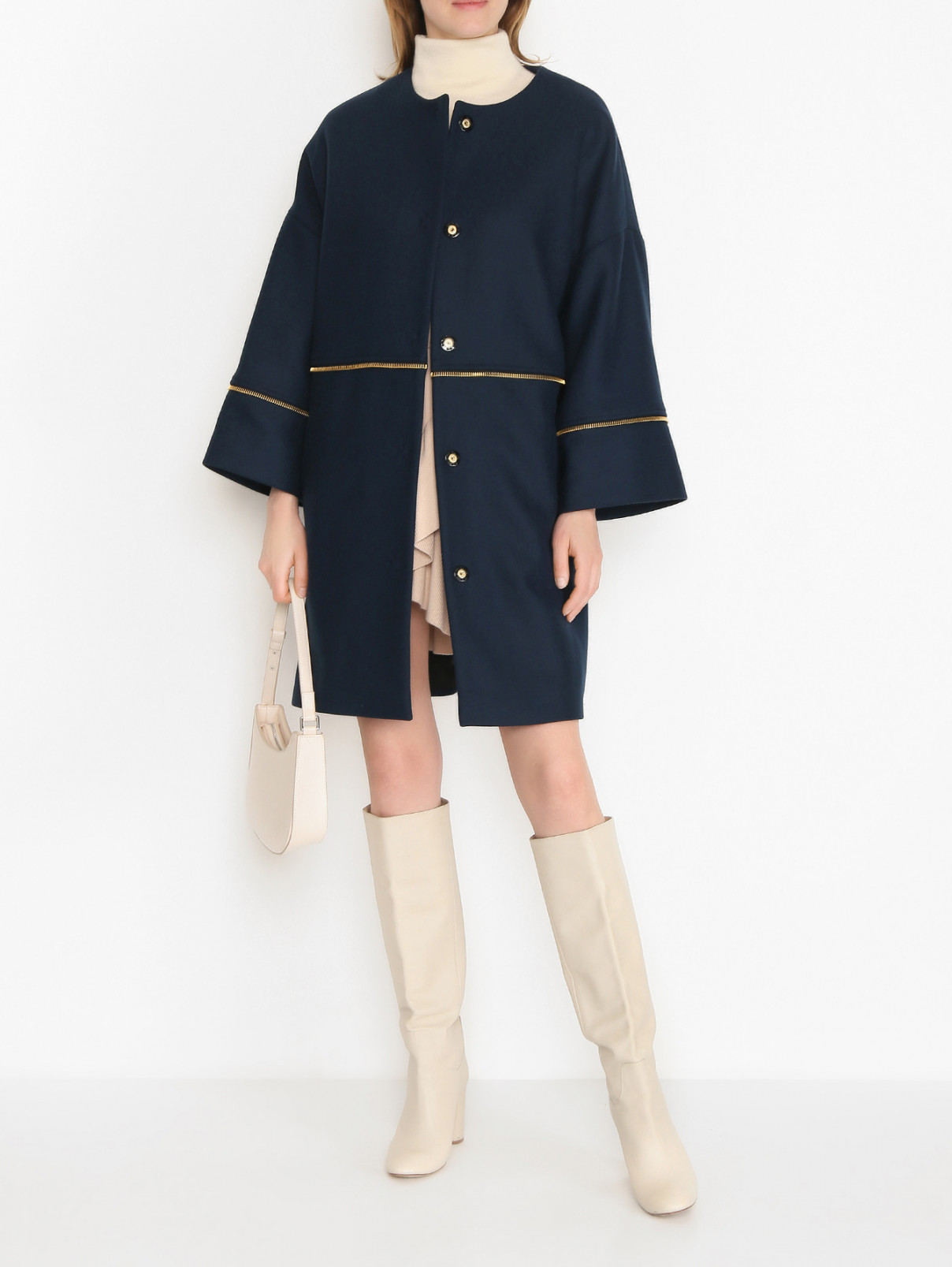 Пальто из смесовой шерсти с декором и рукавами 3/4 Cavalli class  –  МодельОбщийВид  – Цвет:  Синий