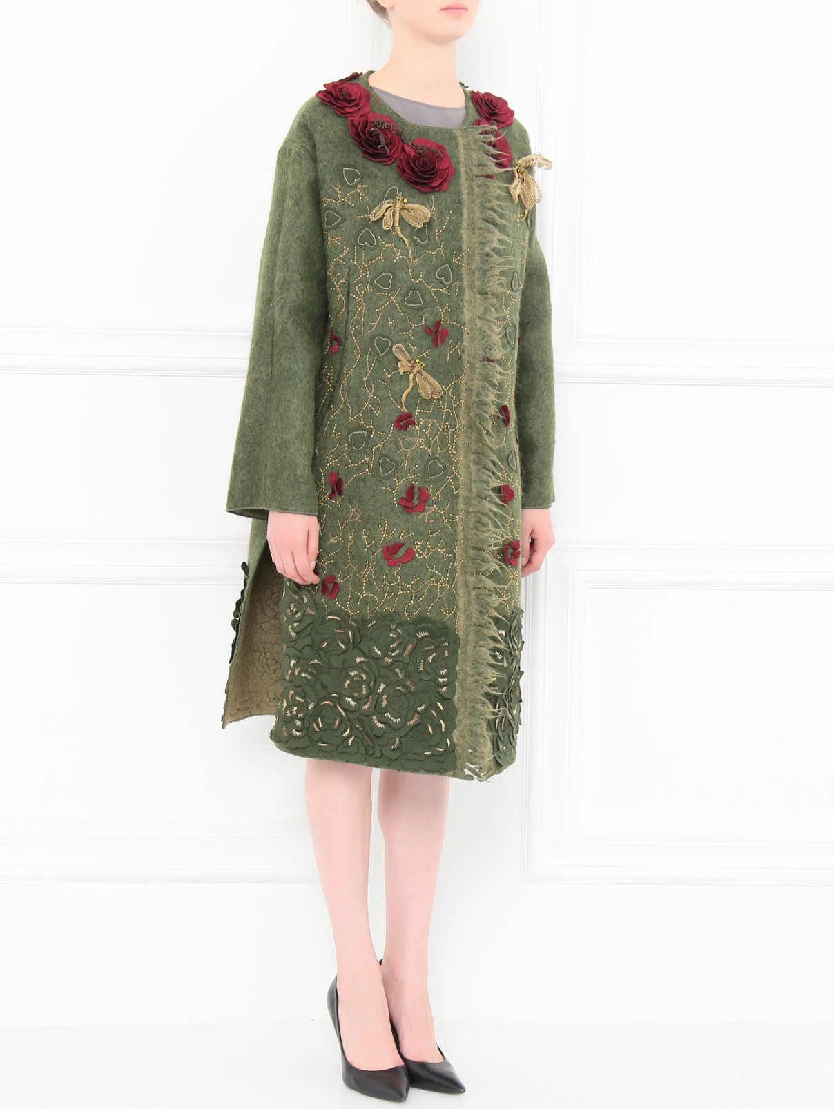 Пальто из шерсти с боковыми карманами декорированное вышивкой Alberta Ferretti  –  Модель Общий вид  – Цвет:  Зеленый