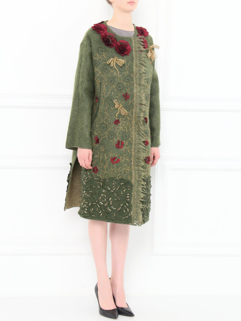 Пальто из шерсти с боковыми карманами декорированное вышивкой  Alberta Ferretti - Модель Общий вид