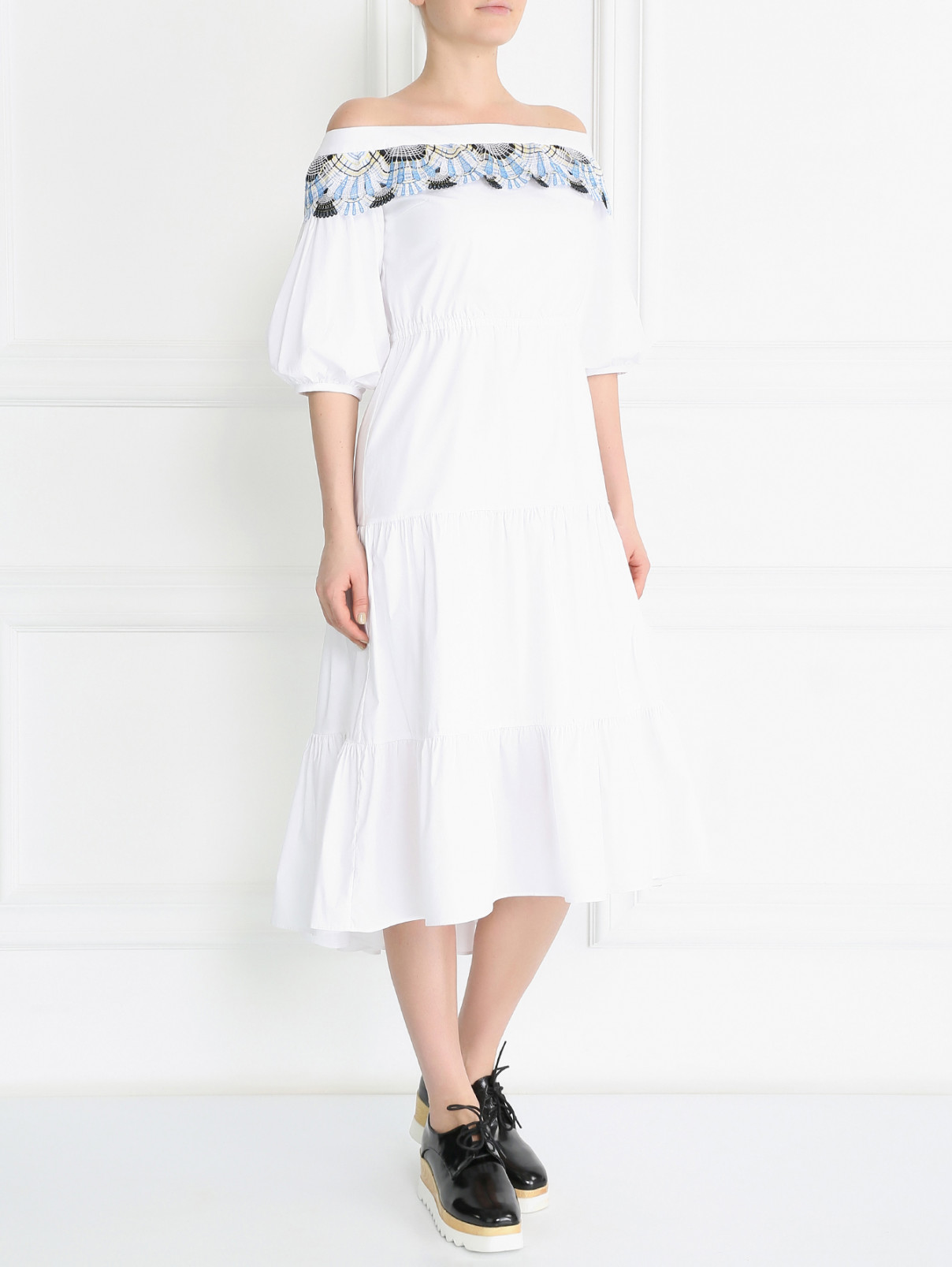 Платье-миди из хлопка с контрастной отделкой Peter Pilotto  –  Модель Общий вид  – Цвет:  Белый