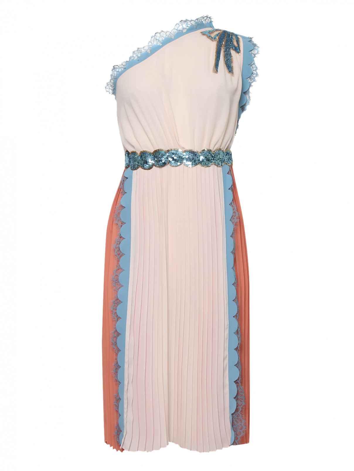 Платье-миди асимметричного кроя декорированное пайетками и кружевом Elisabetta Franchi  –  Общий вид  – Цвет:  Мультиколор