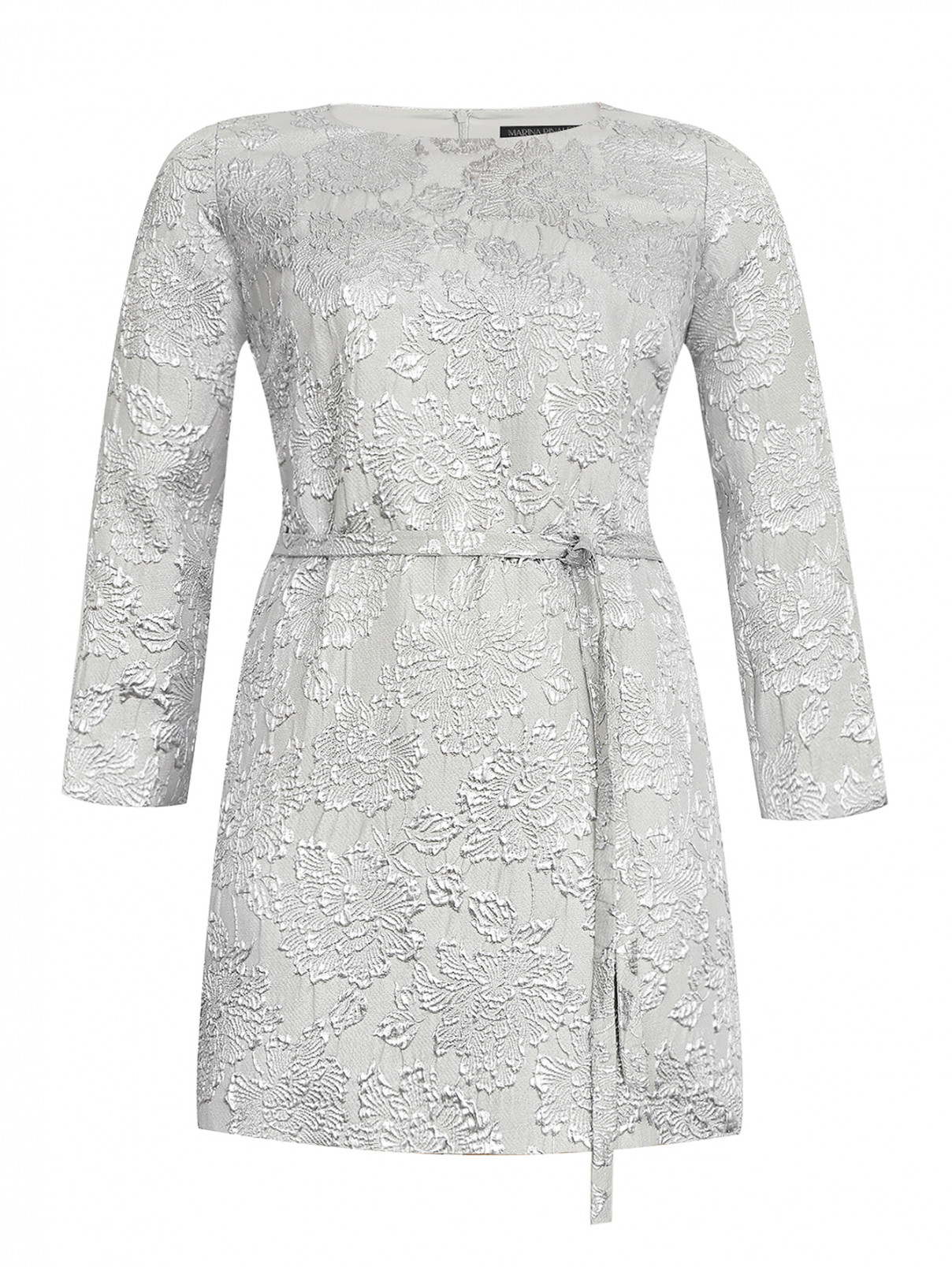 Платье-мини с поясом из фактурной ткани Marina Rinaldi  –  Общий вид  – Цвет:  Серый