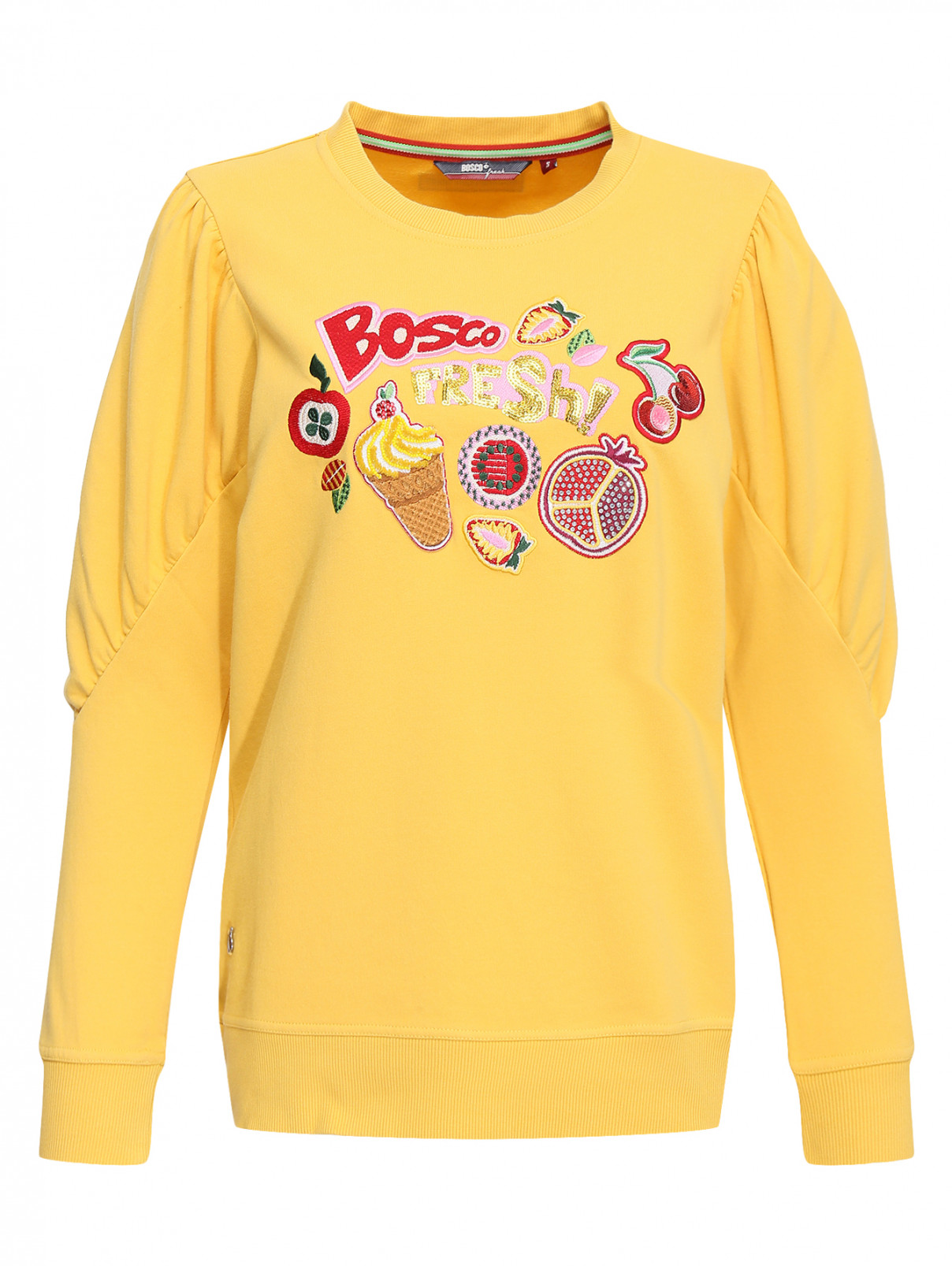 Свитшот с аппликацией и драпировкой на рукавах BOSCO  –  Общий вид  – Цвет:  Желтый