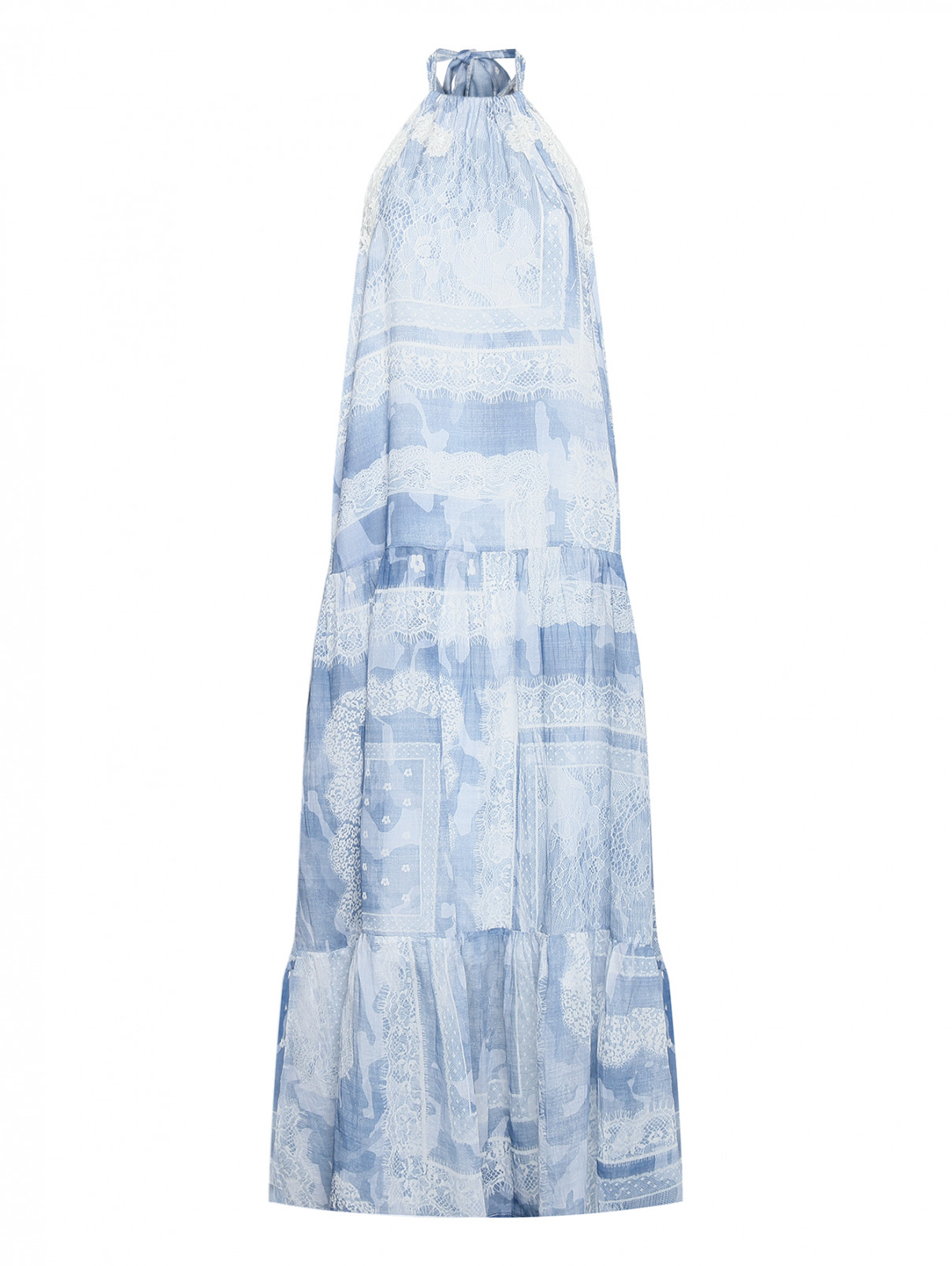 Платье свободного кроя с узором и кружевной отделкой Ermanno Firenze  –  Общий вид  – Цвет:  Синий