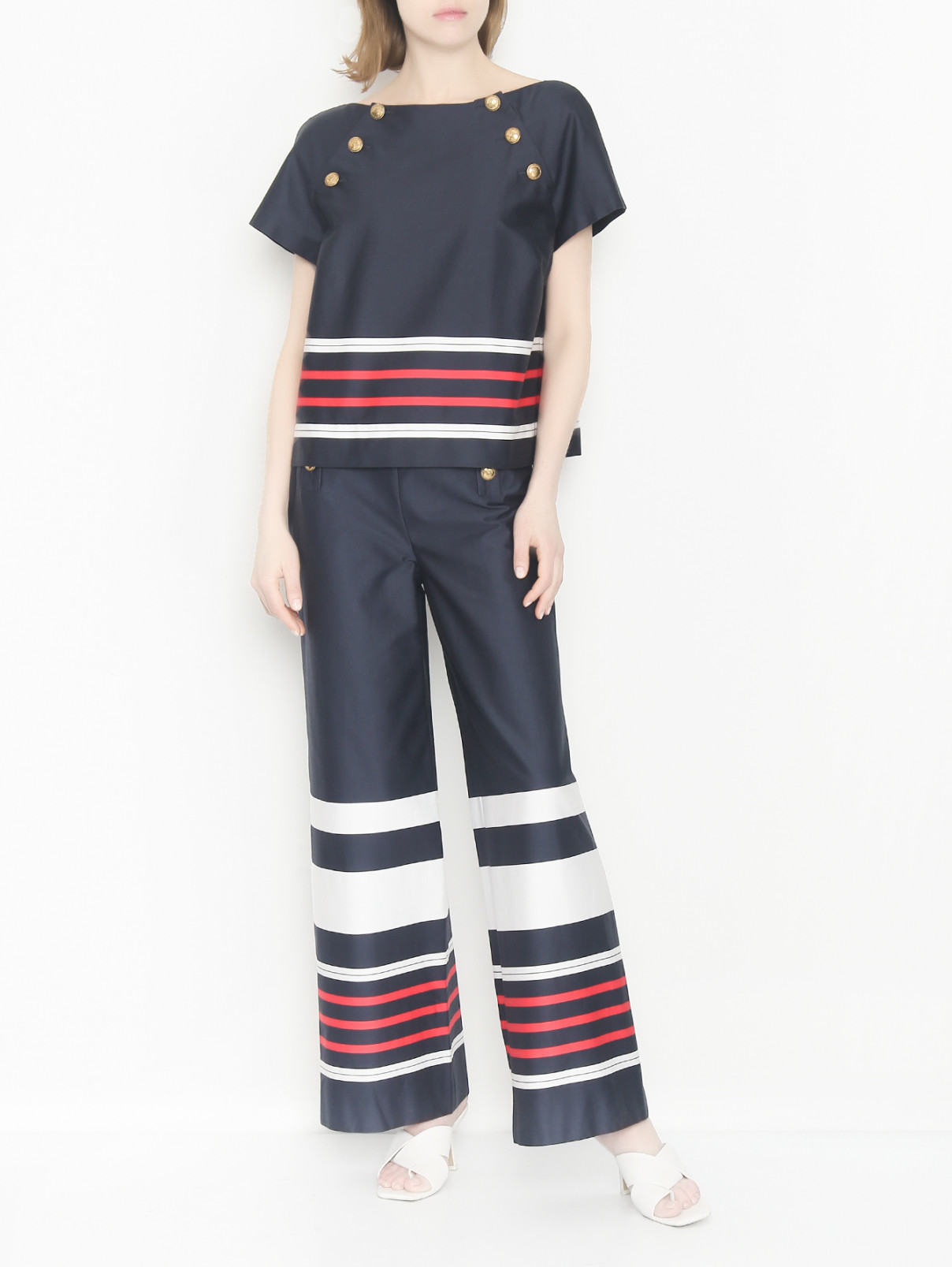Широкие брюки с узором полоска Luisa Spagnoli  –  МодельОбщийВид  – Цвет:  Синий