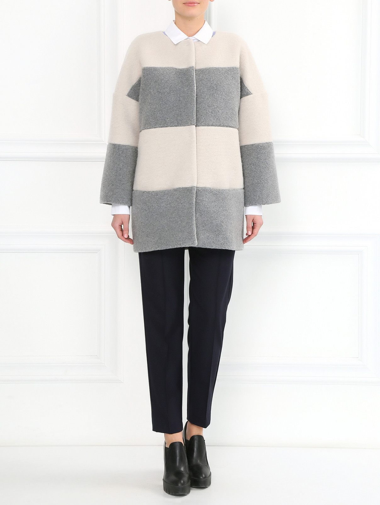 Укороченное пальто с узором "полоска" Max&Co  –  Модель Общий вид  – Цвет:  Серый