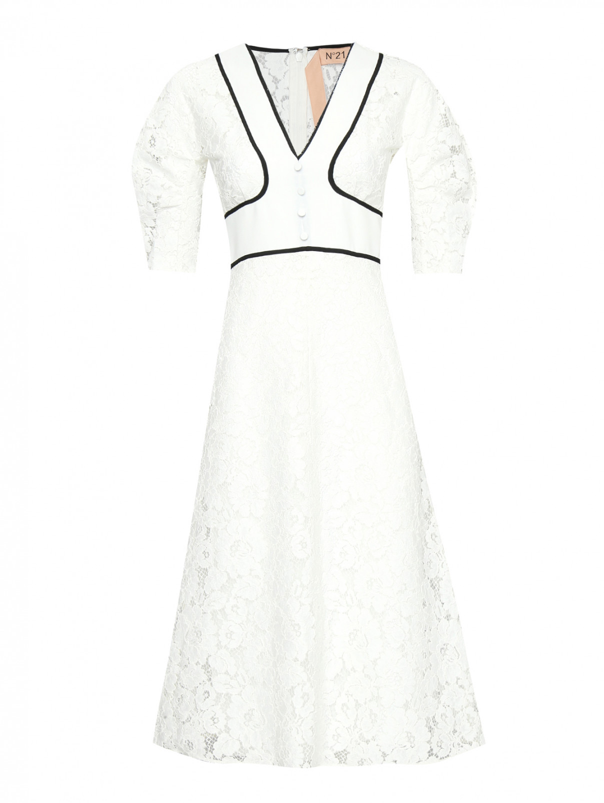 Платье-миди из кружева с контрастной отделкой N21  –  Общий вид  – Цвет:  Белый