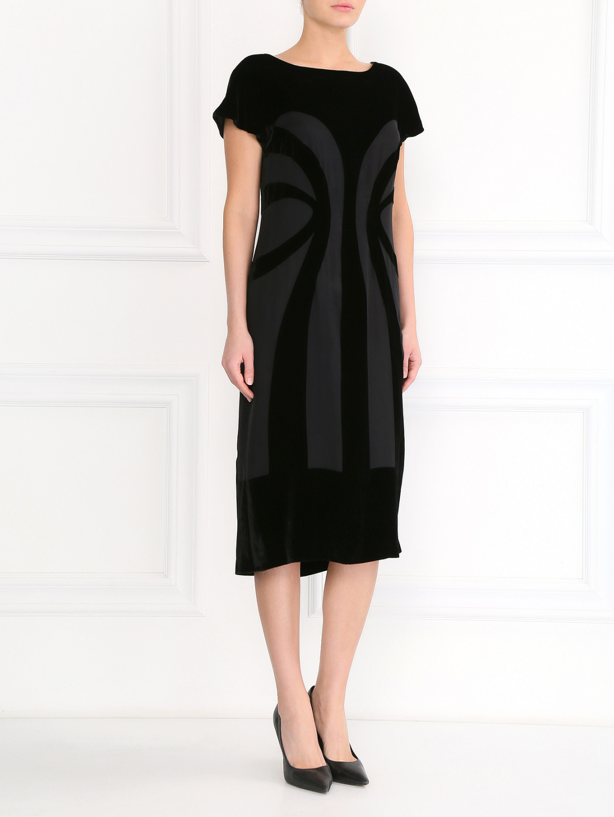 Платье-миди с вставками из бархата Alberta Ferretti  –  Модель Общий вид  – Цвет:  Черный