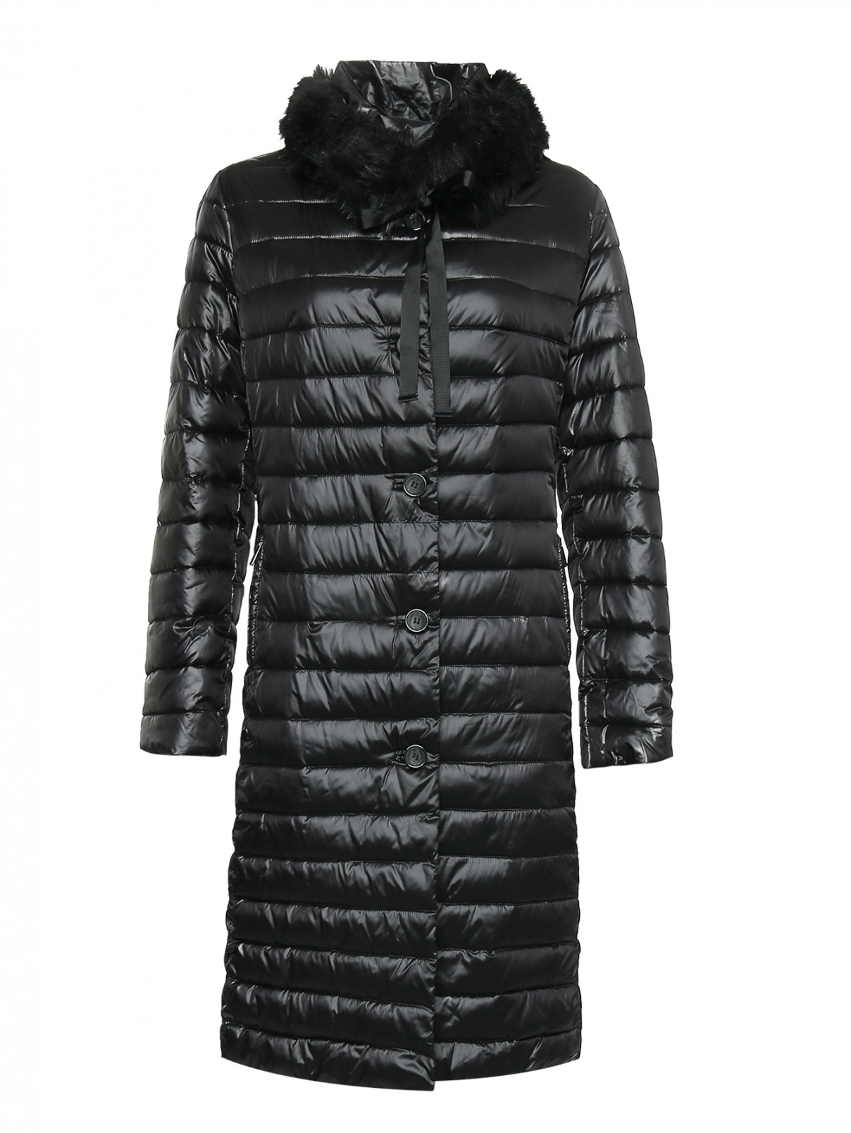 Удлиненная стеганая куртка с мехом Elena Miro  –  Общий вид  – Цвет:  Черный
