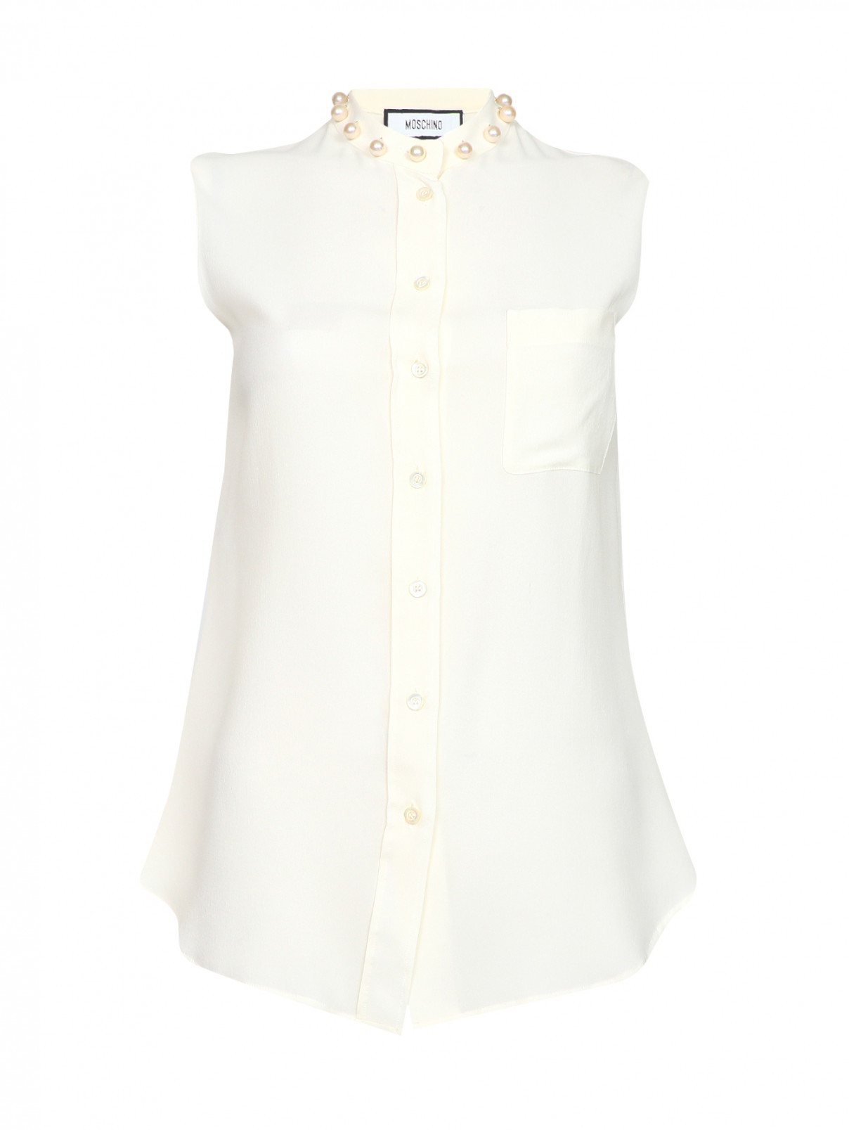 Блуза из шелка без рукавов с декором на воротнике Moschino  –  Общий вид  – Цвет:  Белый