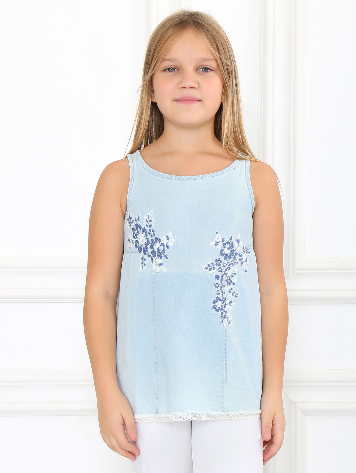 Топ из денима с вышивкой Ermanno Scervino Junior  –  Модель Верх-Низ  – Цвет:  Синий