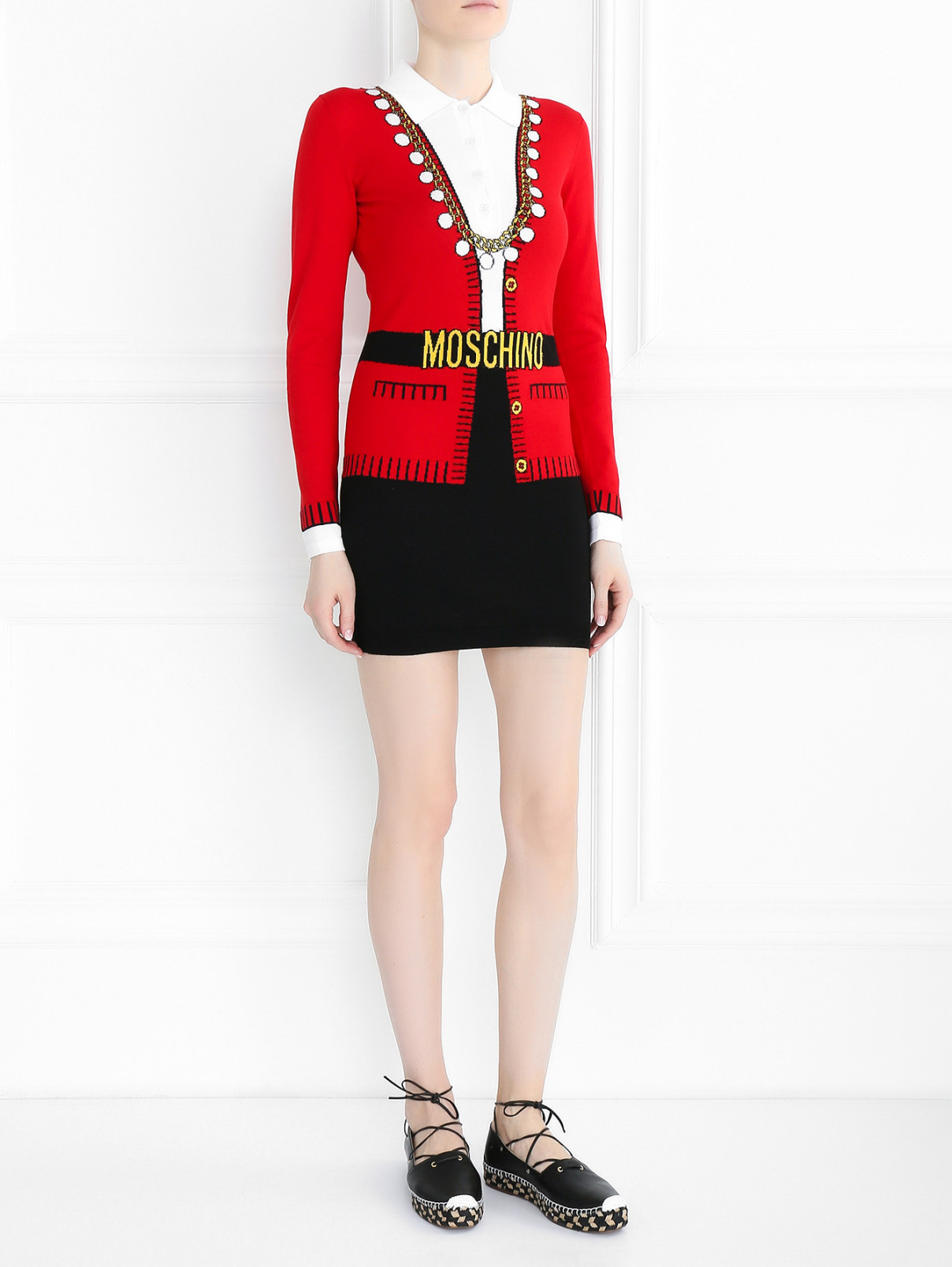 Платье мелкой вязки с контрастным принтом Moschino Couture  –  Модель Общий вид  – Цвет:  Красный
