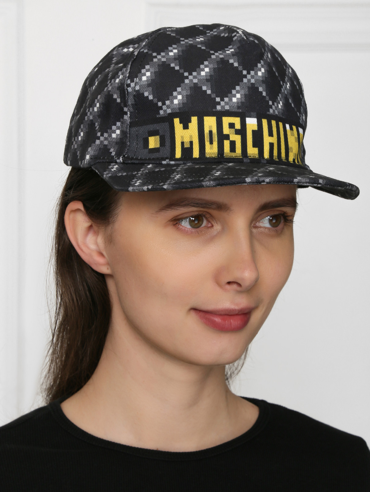 Кепка из хлопка с узором Moschino  –  МодельОбщийВид  – Цвет:  Черный