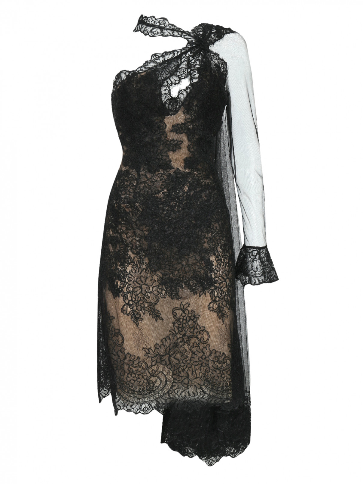 Платье из сетки и кружева со шлейфом Ermanno Scervino  –  Общий вид  – Цвет:  Черный