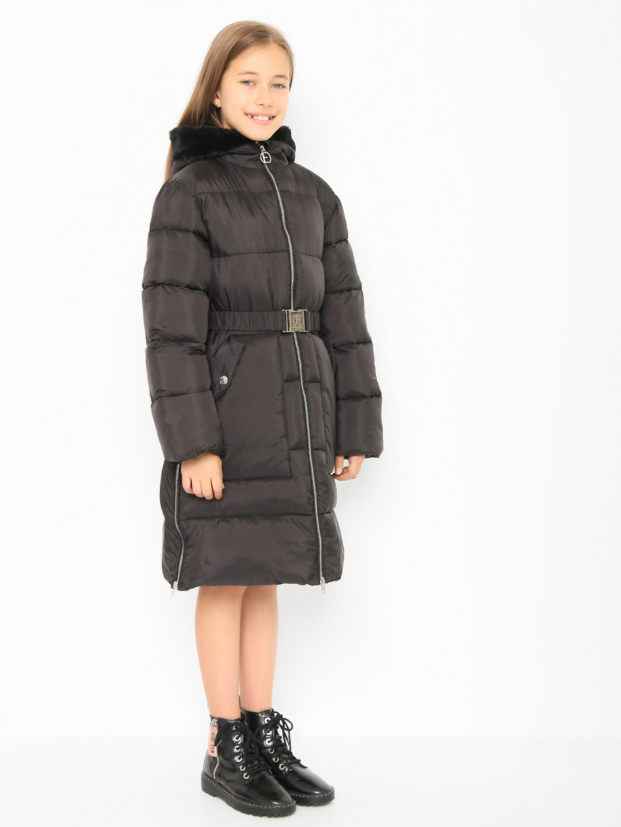 Стеганое пальто с капюшоном Ermanno Scervino Junior  –  МодельВерхНиз  – Цвет:  Черный