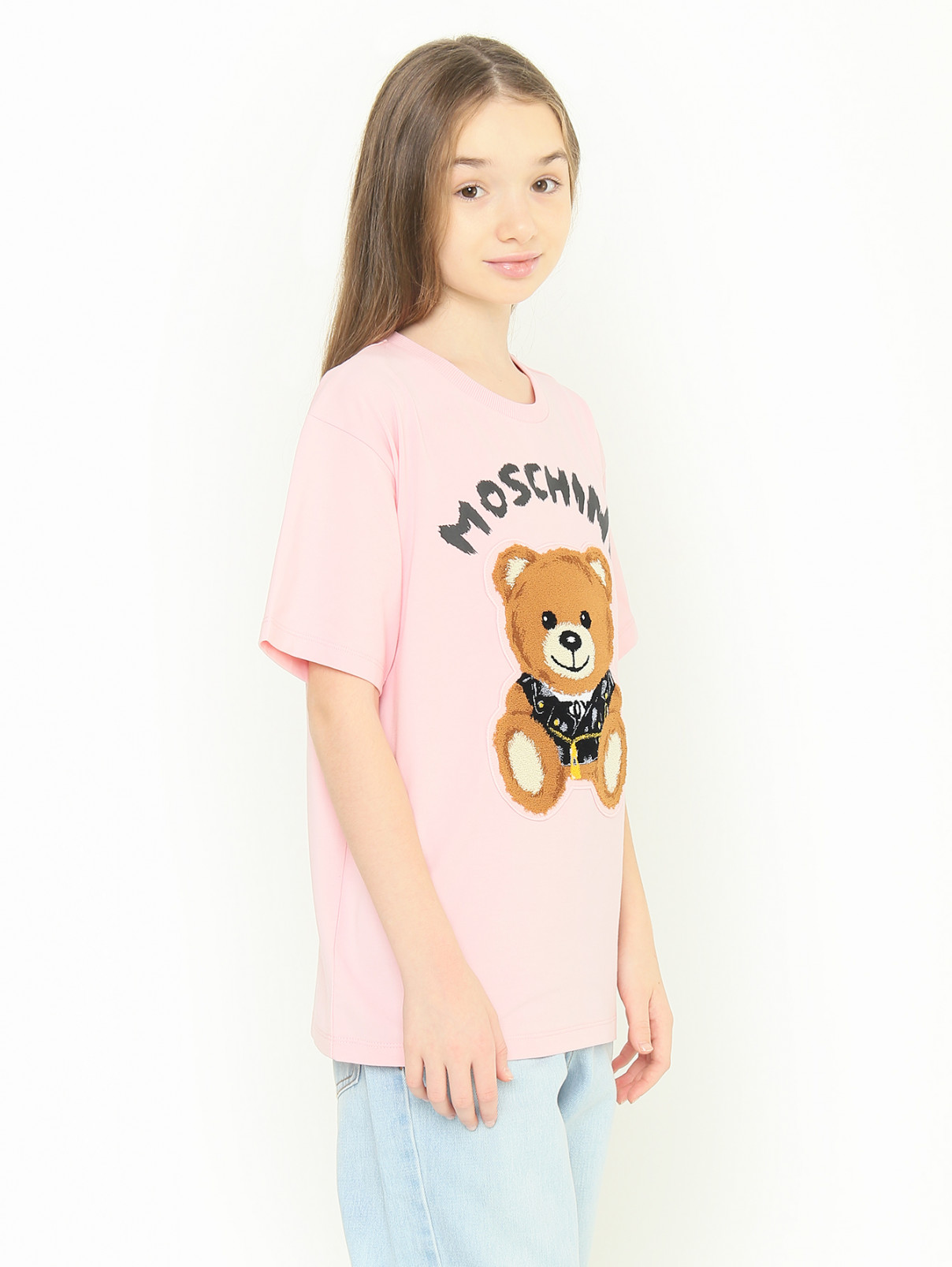 Трикотажная футболка с аппликацией Moschino  –  МодельВерхНиз  – Цвет:  Розовый