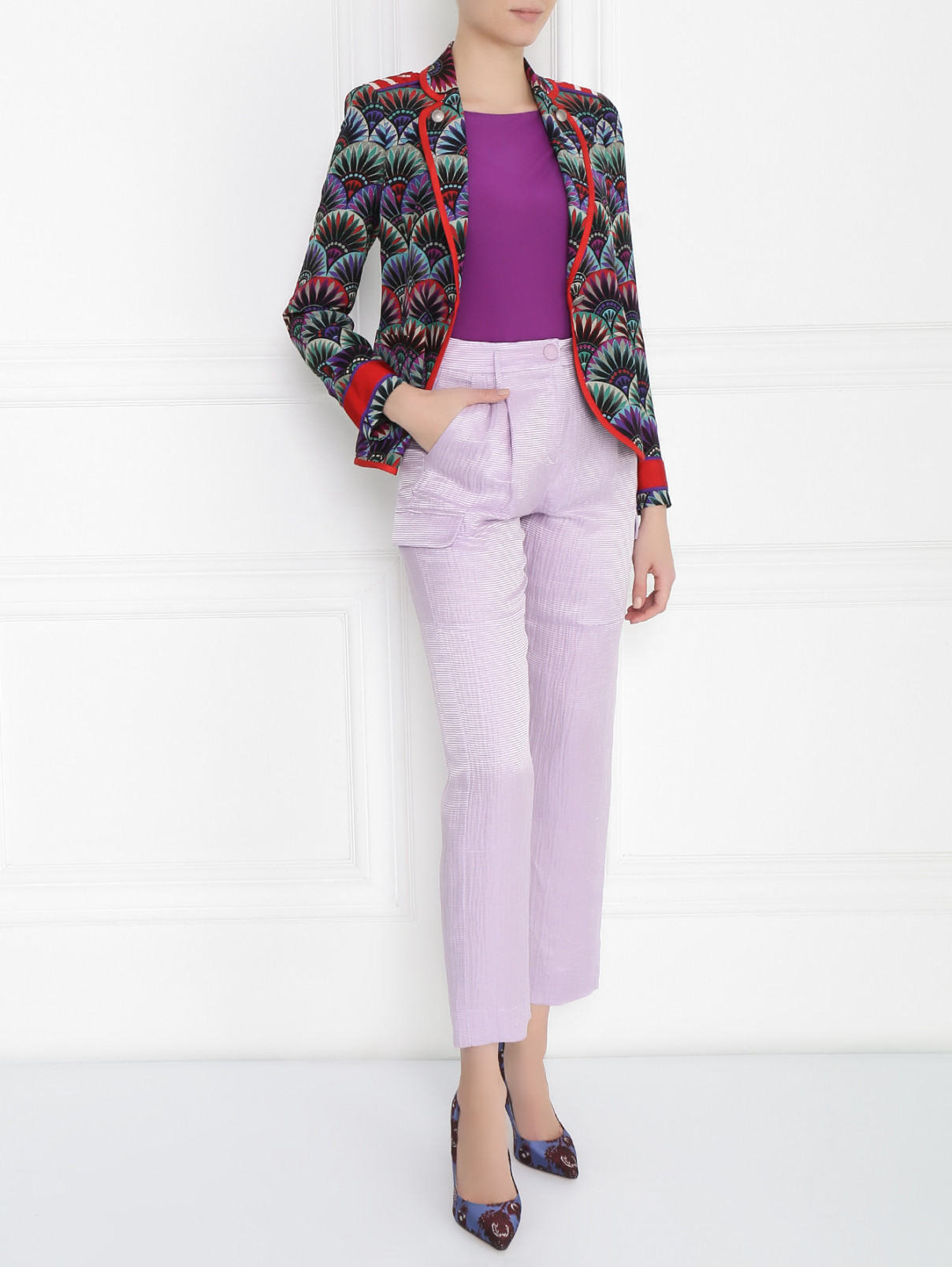Укороченные брюки изо льна и шелка с узором Emporio Armani  –  Модель Общий вид  – Цвет:  Фиолетовый