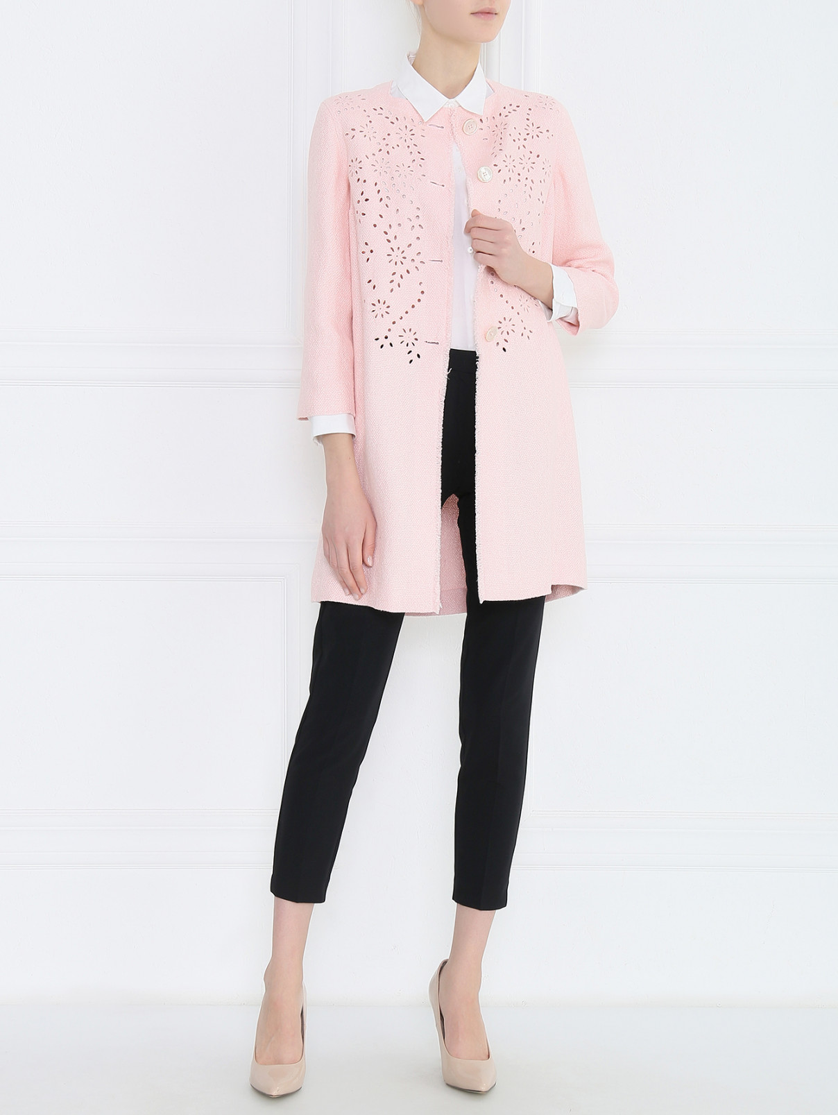 Пальто однобортное изо льна с перфорацией Ermanno Scervino  –  Модель Общий вид  – Цвет:  Розовый