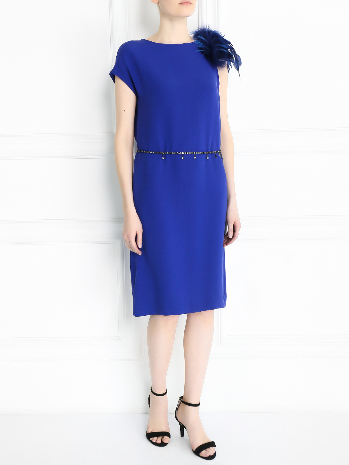 Платье прямого кроя декорированное перьями Yves Salomon  –  Модель Общий вид  – Цвет:  Синий