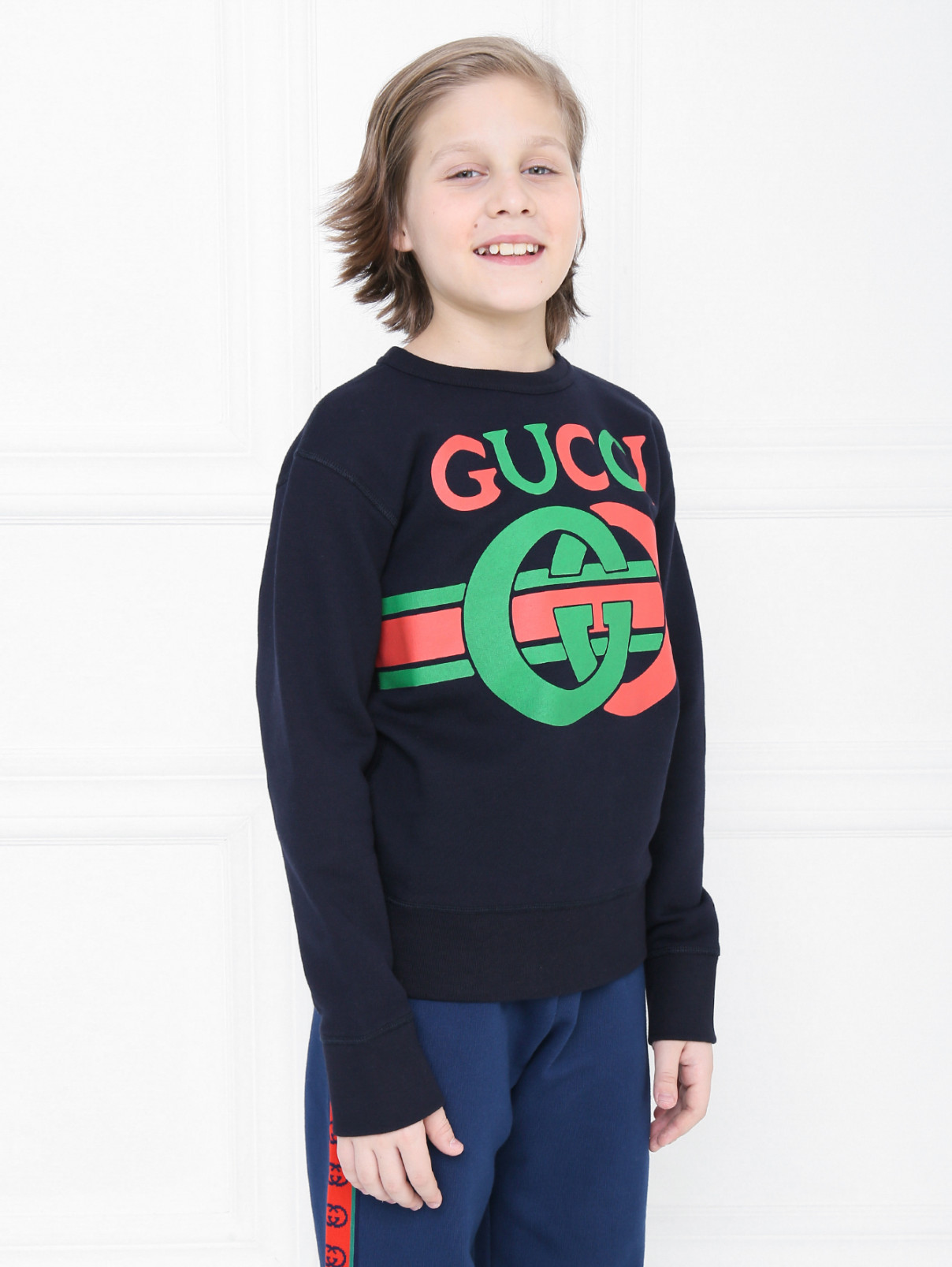 Свитшот хлопковый с принтом Gucci  –  МодельВерхНиз  – Цвет:  Синий