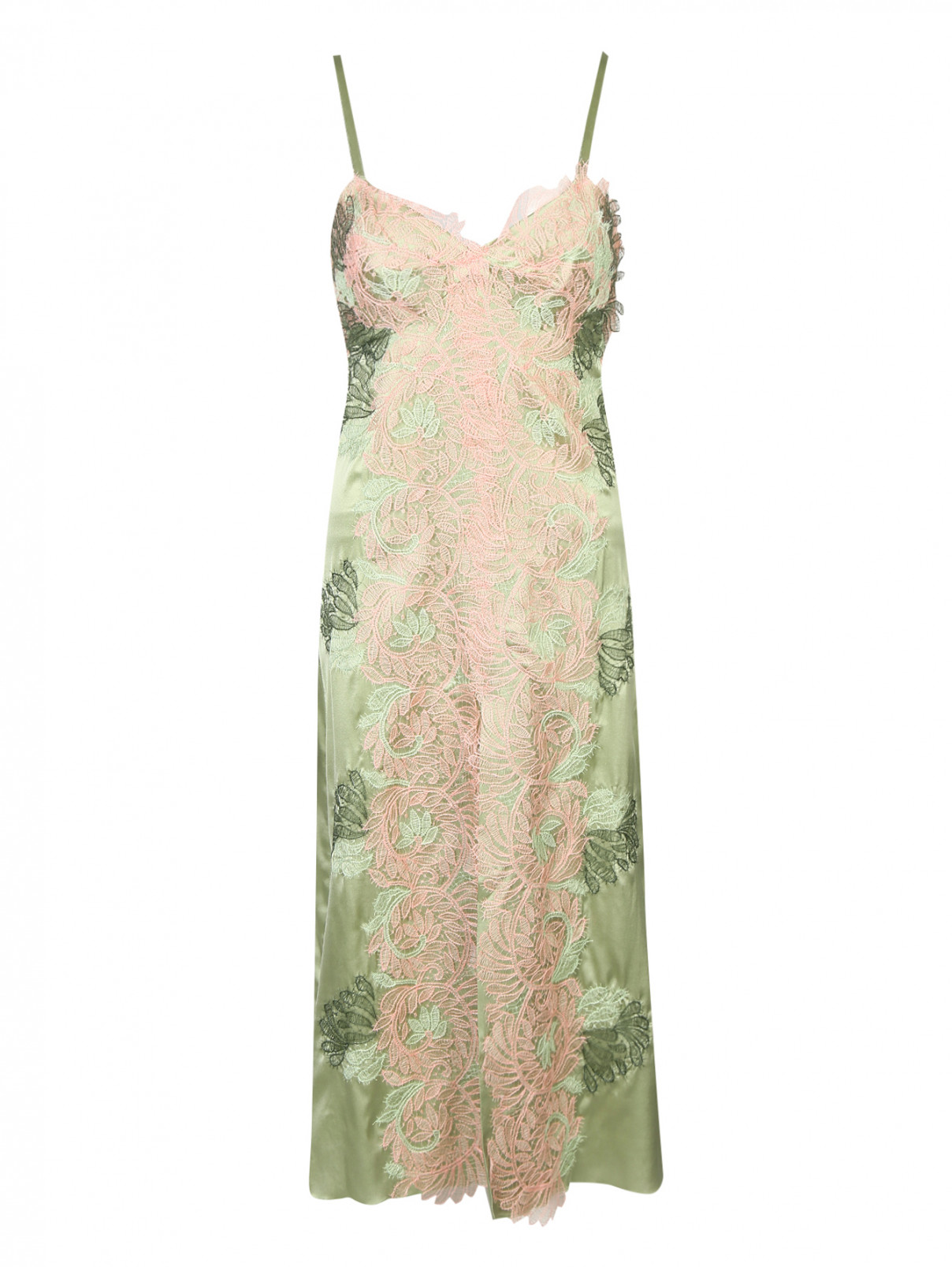 Платье- комбинация из шелка декорированное кружевом Ermanno Scervino  –  Общий вид  – Цвет:  Зеленый