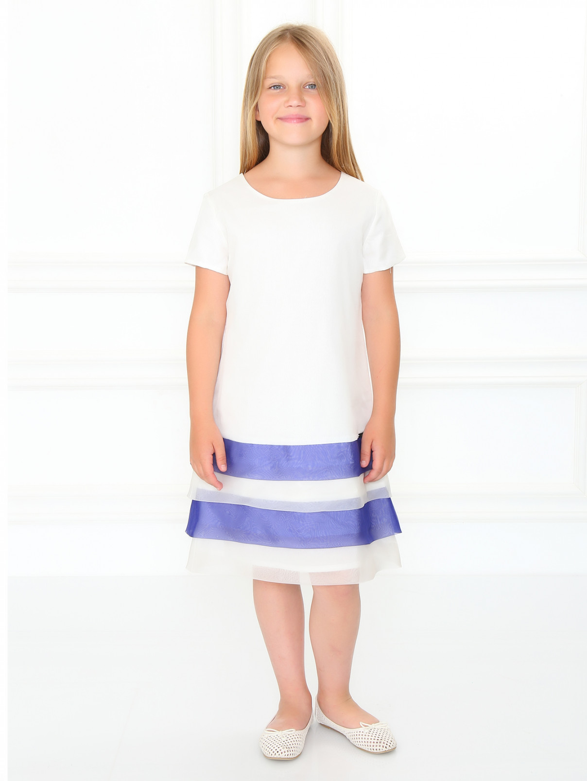 Платье А-силуэта из шелка с контрастным низом Gaultier Junior  –  Модель Общий вид  – Цвет:  Белый